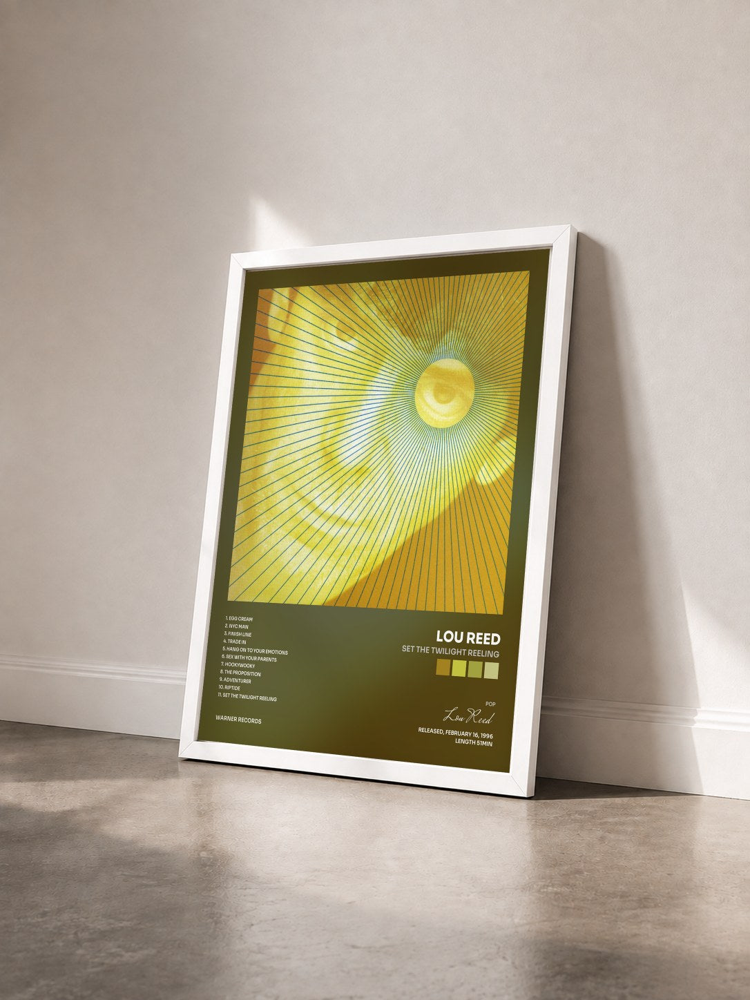 #blanc Tableau de l'album Set the Twilight Reeling de Lou Reed vu de trois quarts, cadre blanc