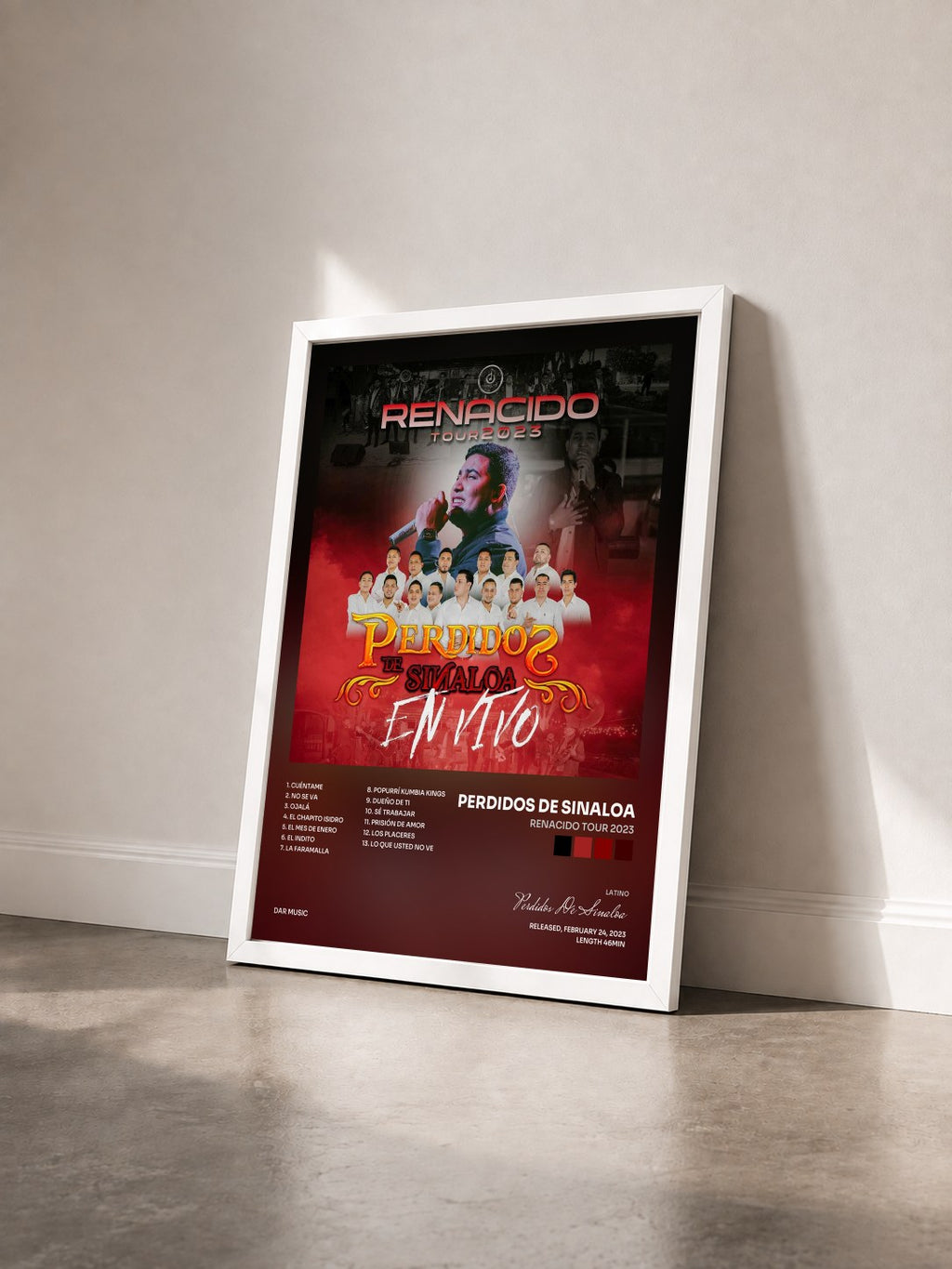 #blanc Renacido Tour 2023 by Perdidos De Sinaloa as a framed art print seen at an angle, white frame