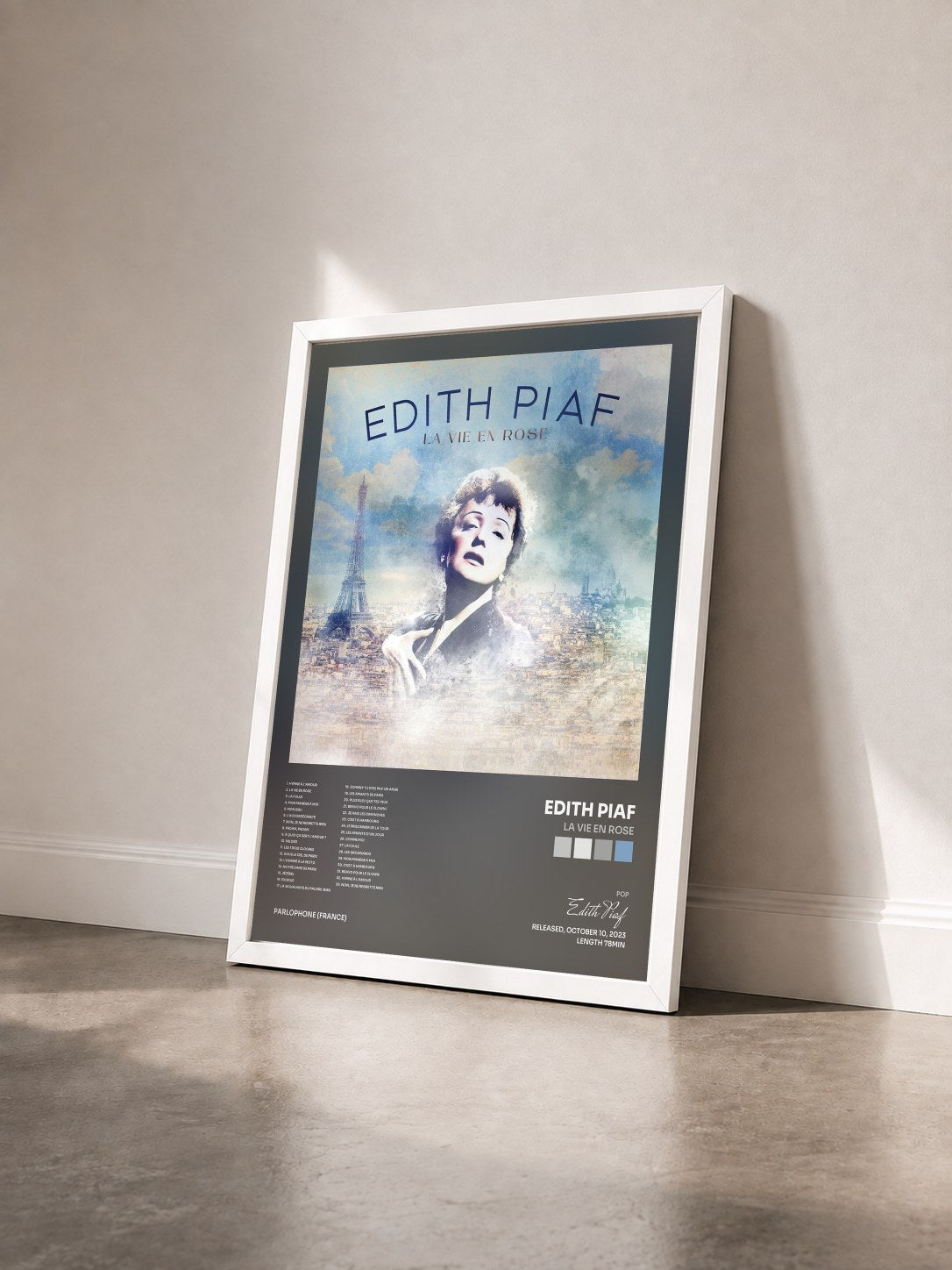 #blanc Tableau de l'album La vie en rose de Edith Piaf vu de trois quarts, cadre blanc