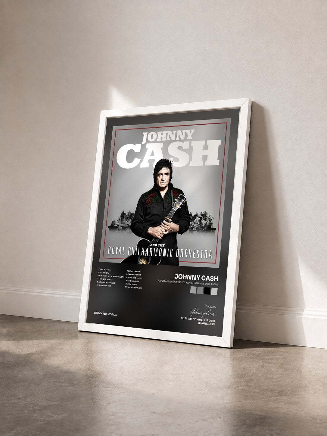 #blanc Tableau de l'album Johnny Cash and The Royal Philharmonic Orchestra de Johnny Cash vu de trois quarts, cadre blanc