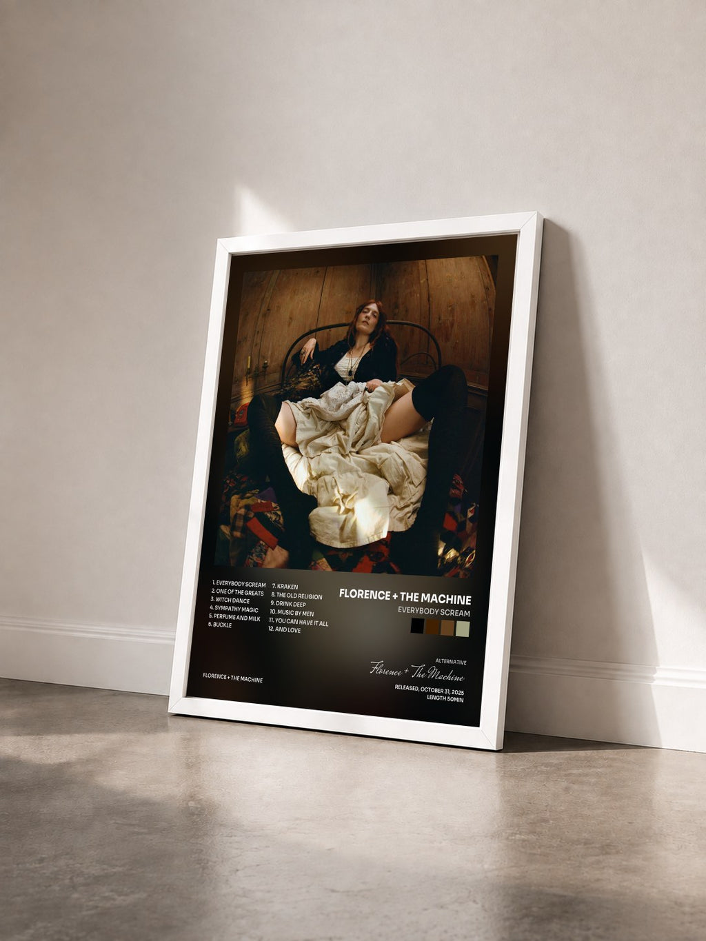 #blanc Tableau de l'album Everybody Scream de Florence + The Machine vu de trois quarts, cadre blanc