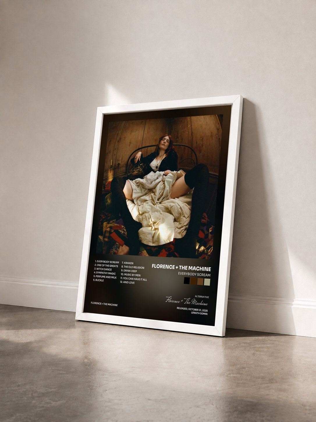 #blanc Tableau de l'album Everybody Scream de Florence + The Machine vu de trois quarts, cadre blanc