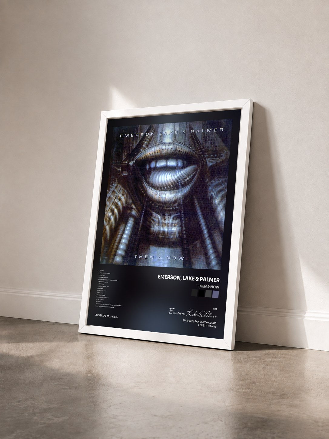 #blanc Tableau de l'album Then & Now de Emerson, Lake & Palmer vu de trois quarts, cadre blanc