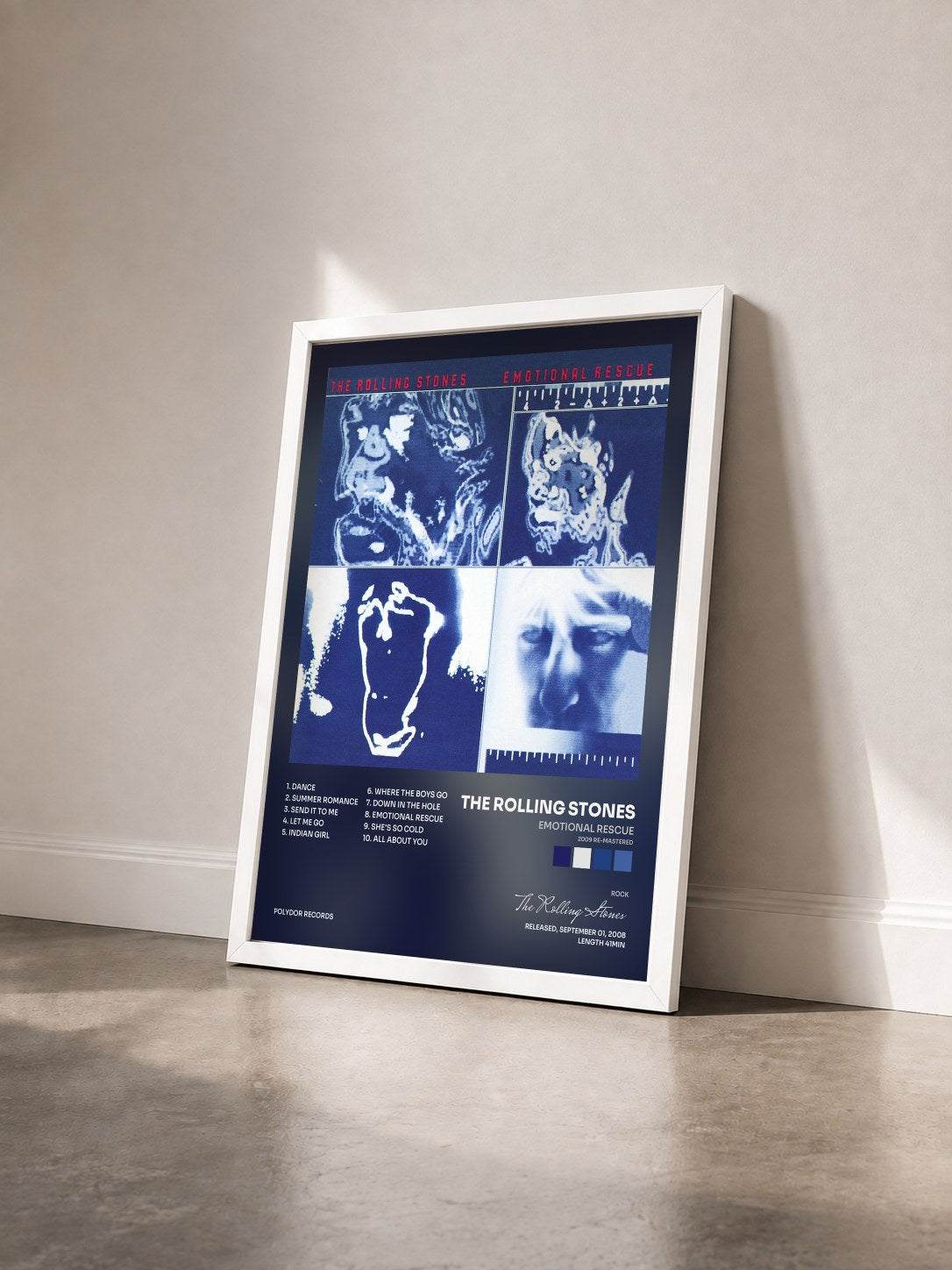 #blanc Tableau de l'album Emotional Rescue (2009 Re-Mastered) de The Rolling Stones vu de trois quarts, cadre blanc