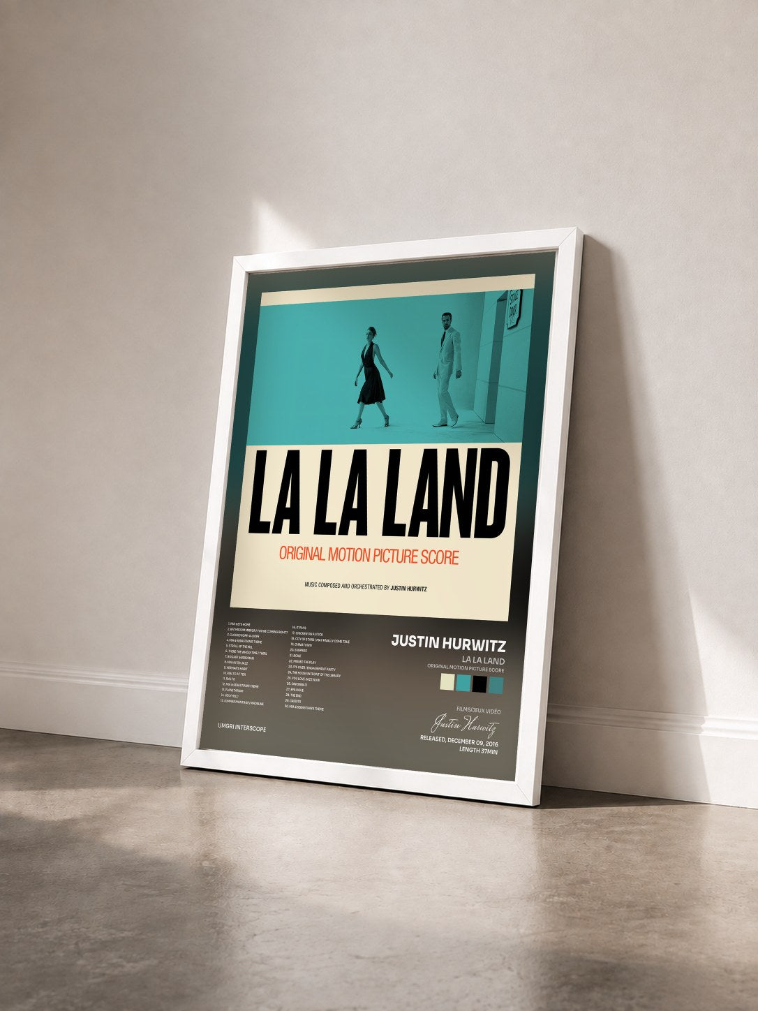 #blanc La La Land (Original Motion Picture Score) di Justin Hurwitz in stampa incorniciata vista di tre quarti, cornice bianca