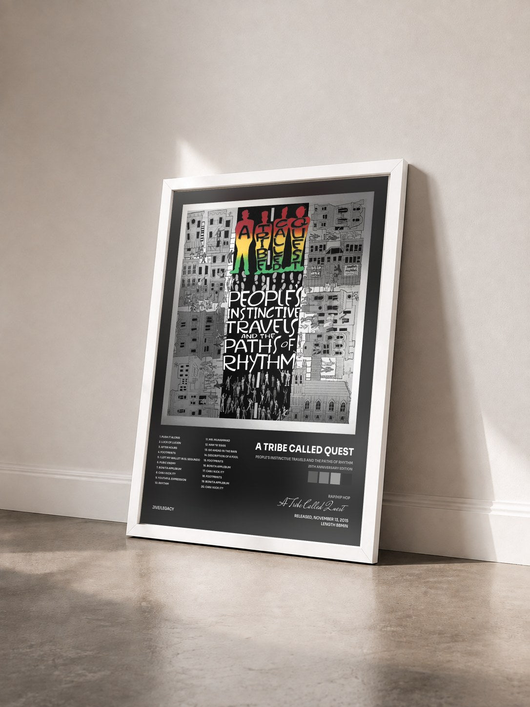 #blanc Tableau de l'album People's Instinctive Travels and the Paths of Rhythm (25th Anniversary Edition) de A Tribe Called Quest vu de trois quarts, cadre blanc