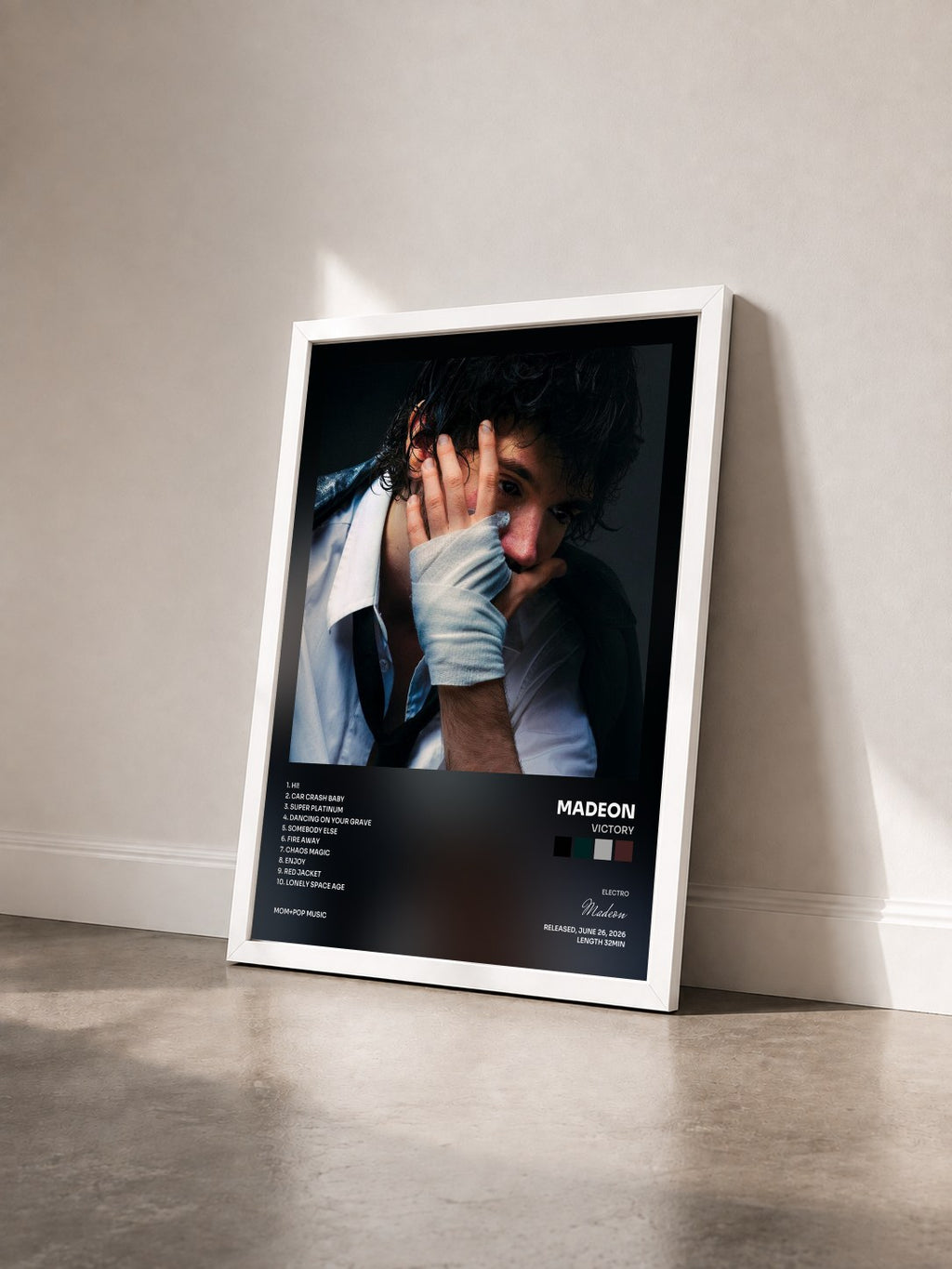 #blanc Victory by Madeon as a framed art print seen at an angle, white frame