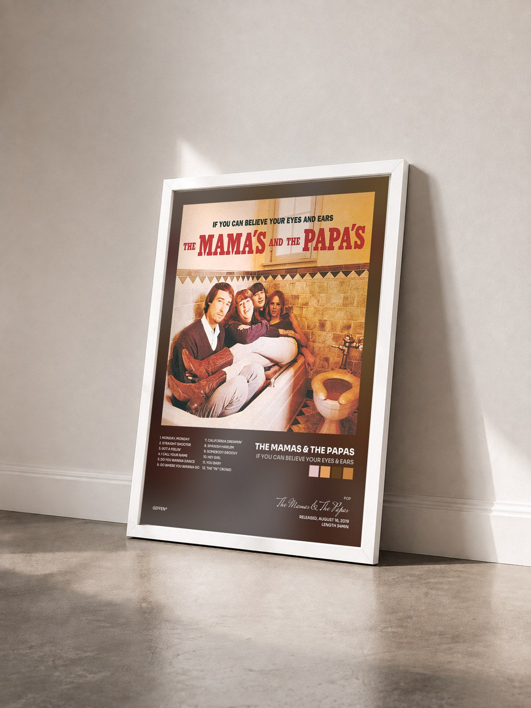 #blanc Tableau de l'album If You Can Believe Your Eyes & Ears de The Mamas & The Papas vu de trois quarts, cadre blanc