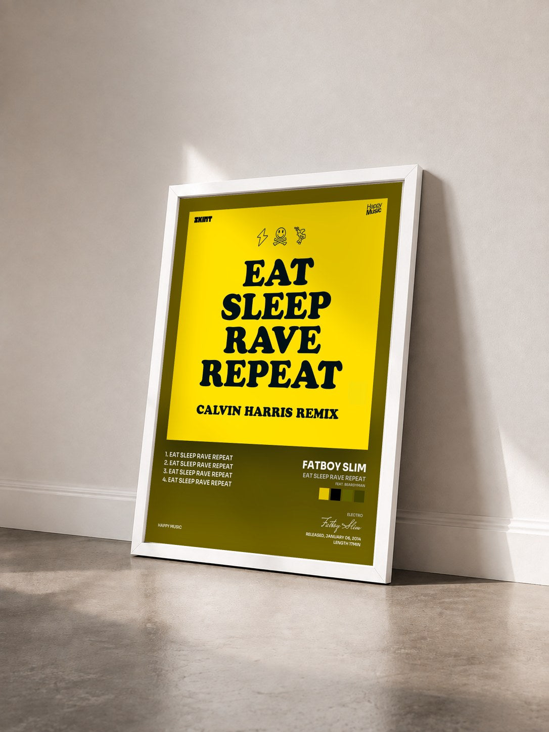 #blanc Tableau de l'album Eat Sleep Rave Repeat (feat. Beardyman) - EP de Fatboy Slim vu de trois quarts, cadre blanc