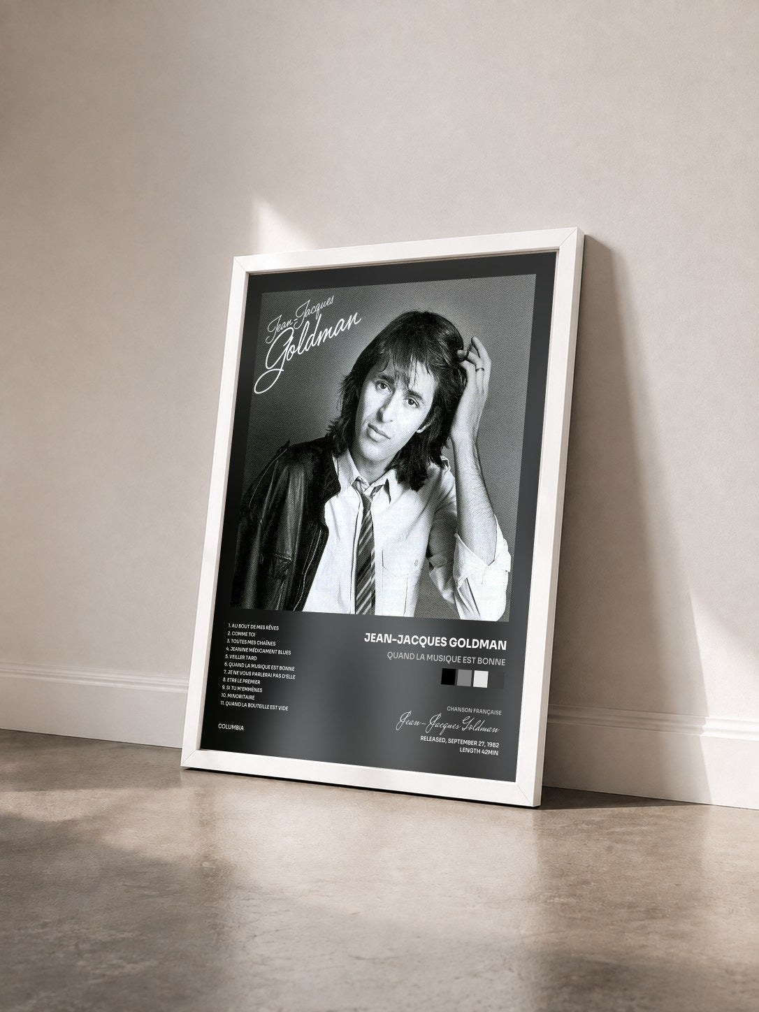 #blanc Tableau de l'album Quand la musique est bonne de Jean-Jacques Goldman vu de trois quarts, cadre blanc