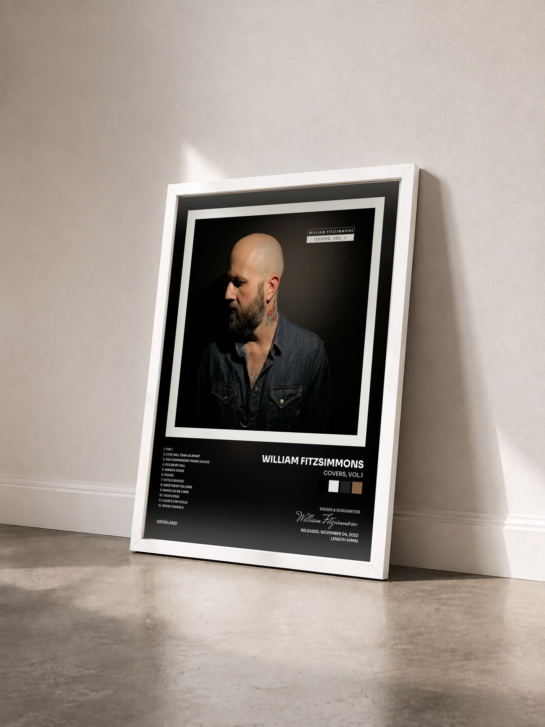 #blanc Tableau de l'album Covers, Vol.1 de William Fitzsimmons vu de trois quarts, cadre blanc