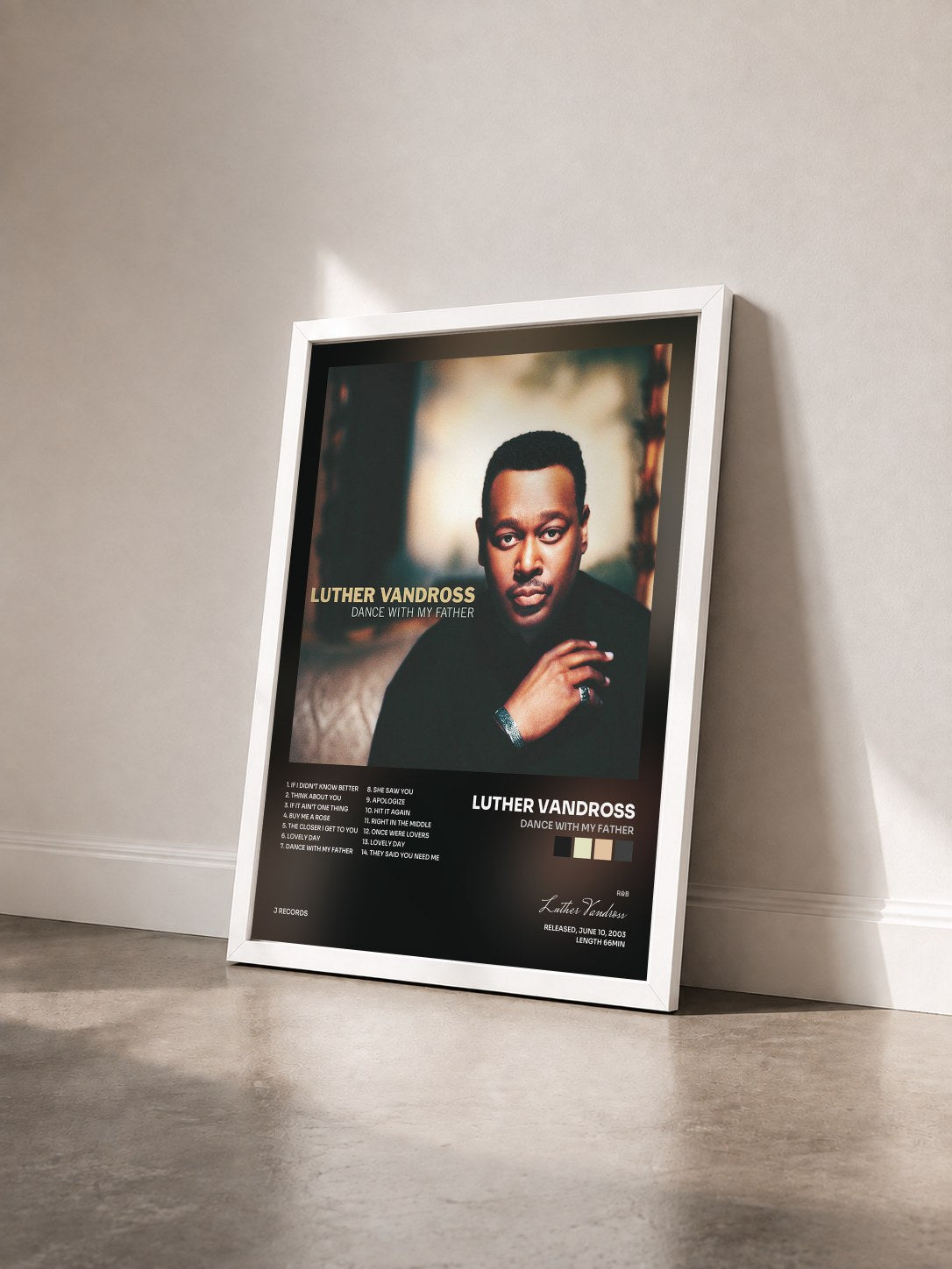 #blanc Tableau de l'album Dance With My Father de Luther Vandross vu de trois quarts, cadre blanc