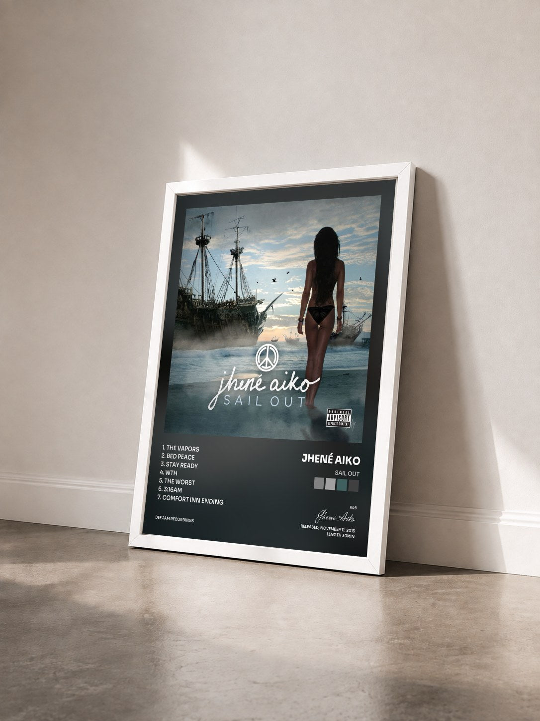 #blanc Sail Out by Jhené Aiko as a framed art print seen at an angle, white frame
