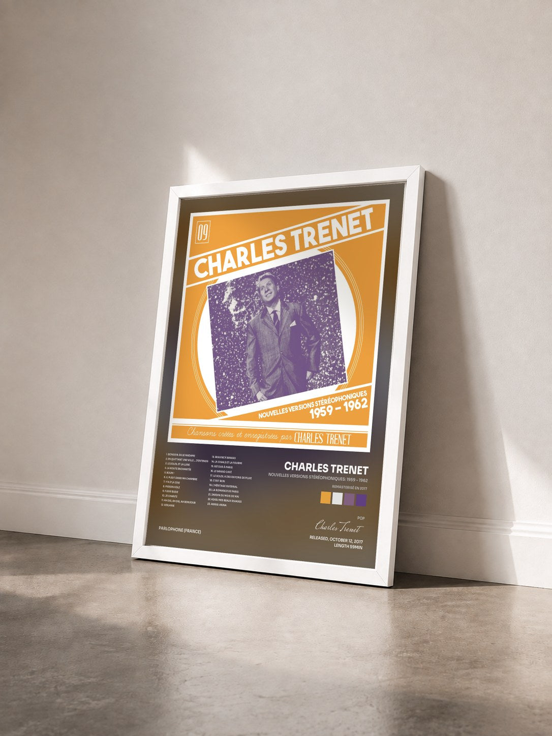 #blanc Tableau de l'album Nouvelles versions stéréophoniques: 1959 - 1962 (Remasterisé en 2017) de Charles Trenet vu de trois quarts, cadre blanc