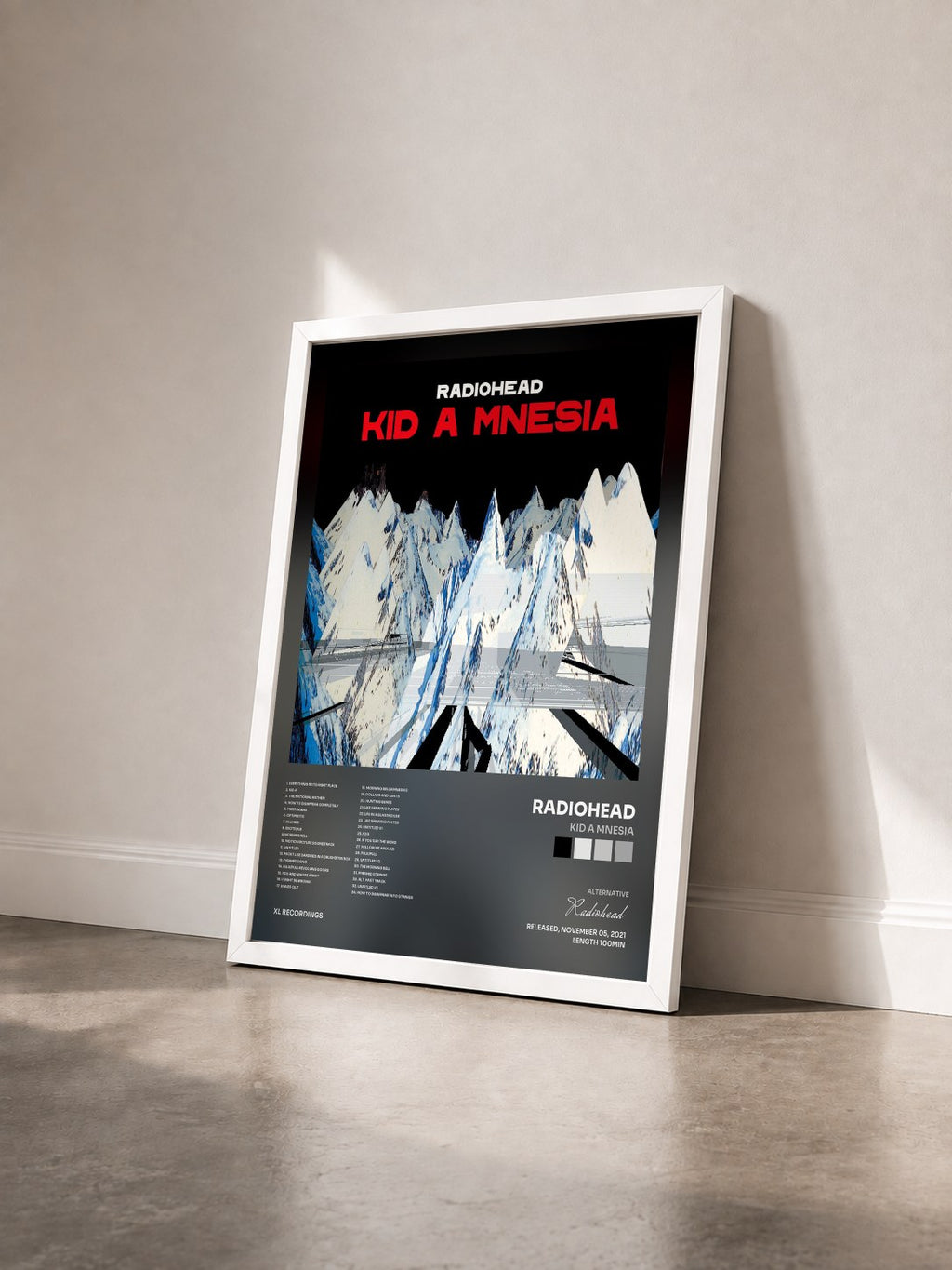 #blanc Tableau de l'album KID A MNESIA de Radiohead vu de trois quarts, cadre blanc