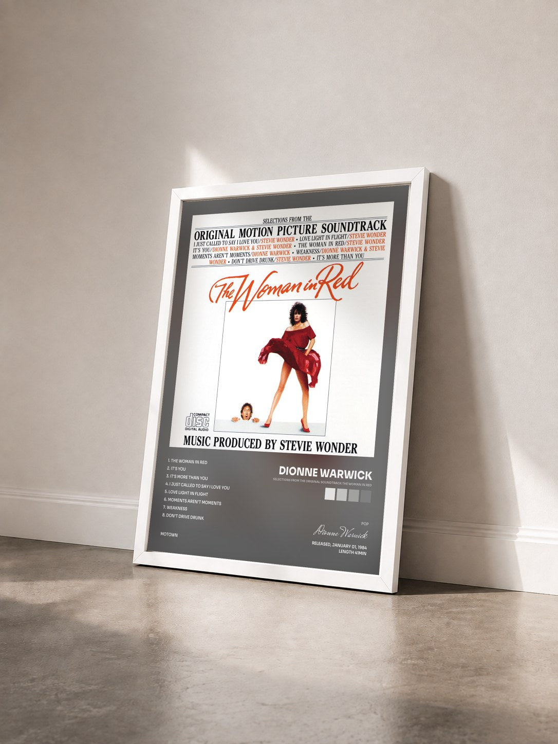 #blanc Tableau de l'album Selections From The Original Soundtrack The Woman In Red de Dionne Warwick vu de trois quarts, cadre blanc