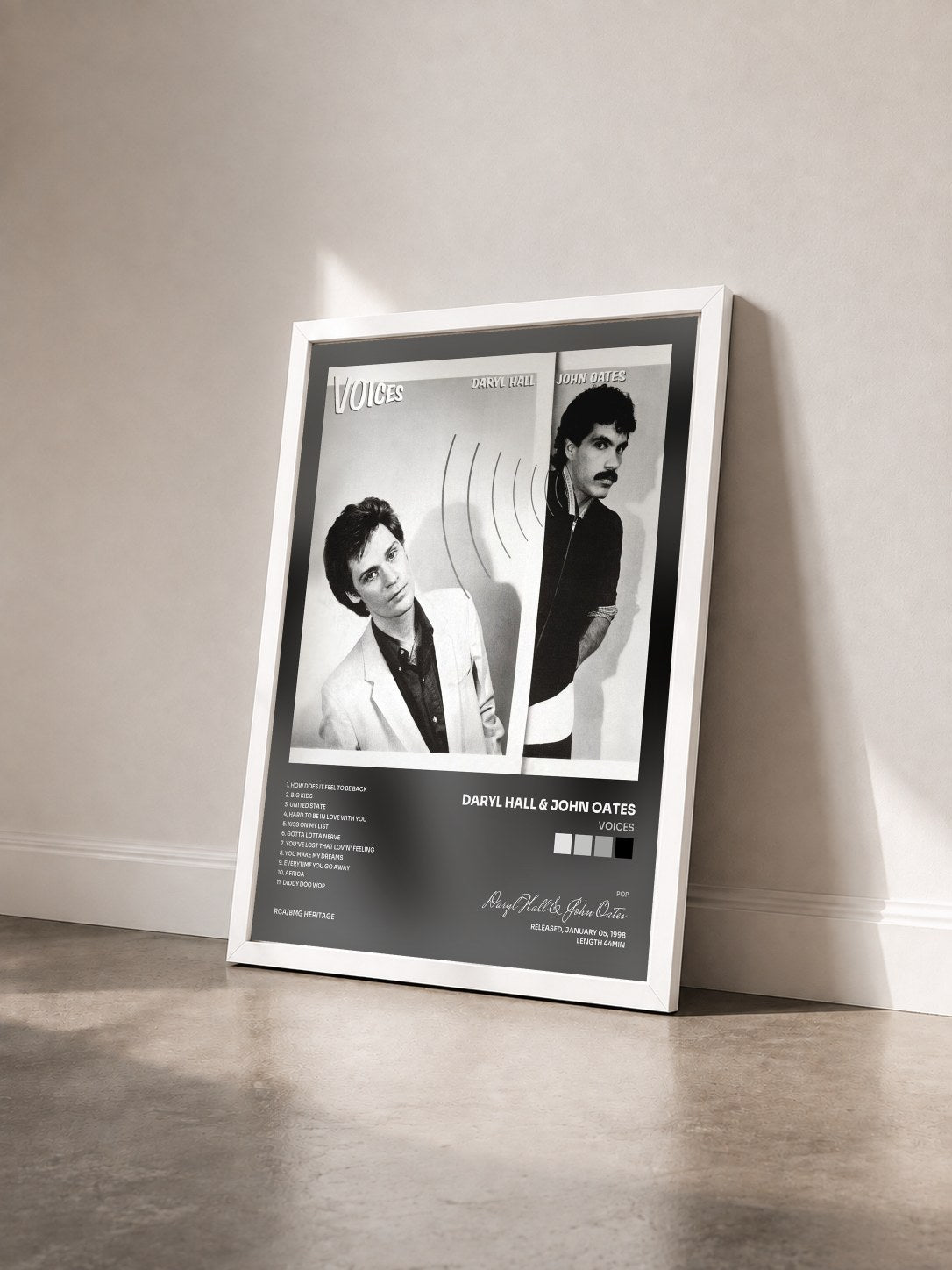 #blanc Tableau de l'album Voices de Daryl Hall & John Oates vu de trois quarts, cadre blanc