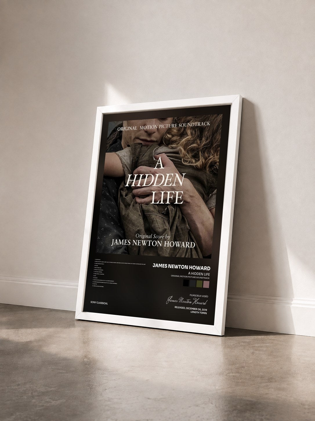#blanc A Hidden Life (Original Motion Picture Soundtrack) by James Newton Howard as a framed art print seen at an angle, white frame