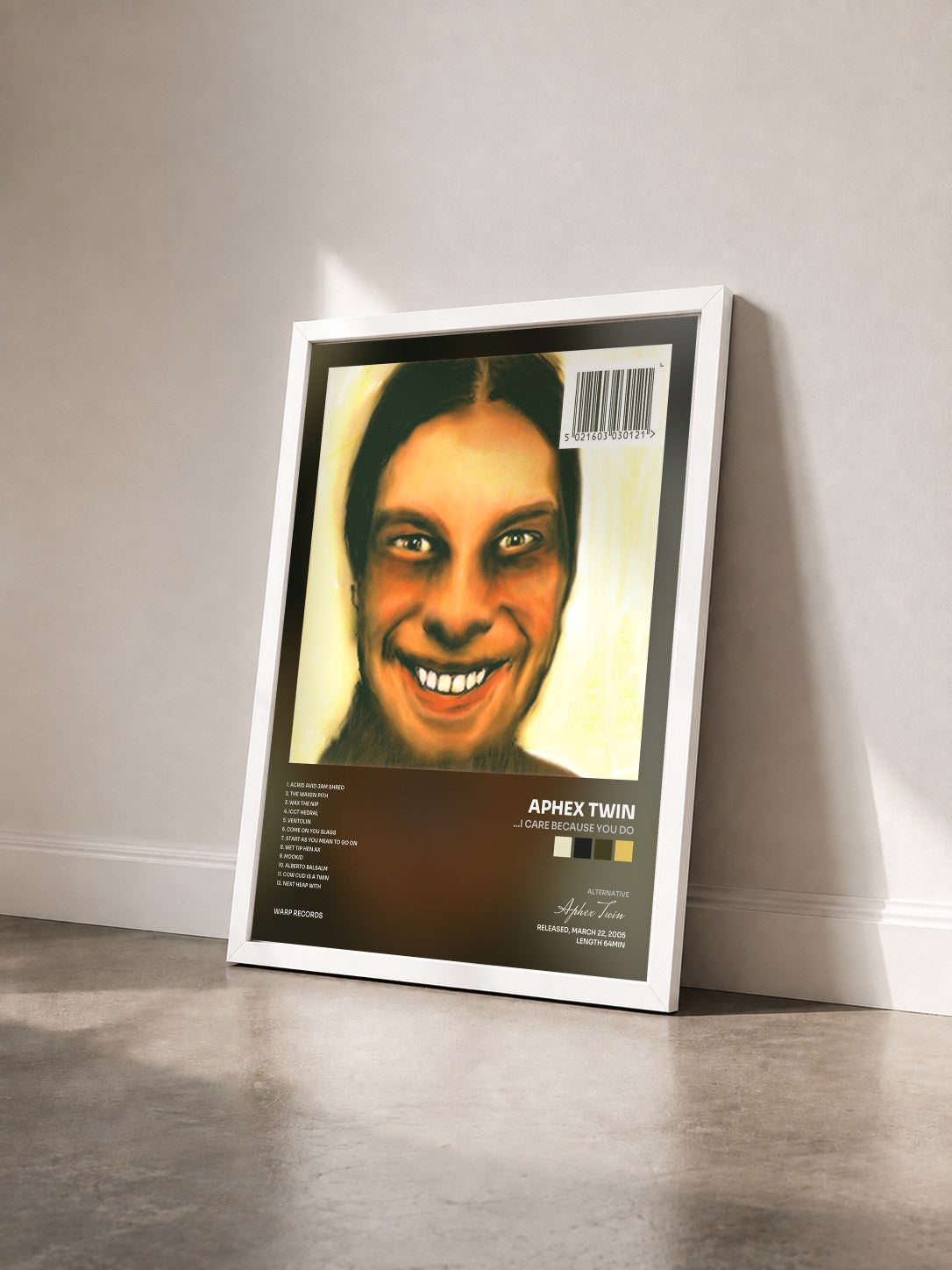 #blanc Tableau de l'album ...I Care Because You Do de Aphex Twin vu de trois quarts, cadre blanc