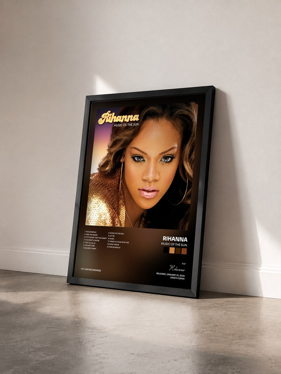 #noir Music Of The Sun by Rihanna as a framed art print seen at an angle, black frame