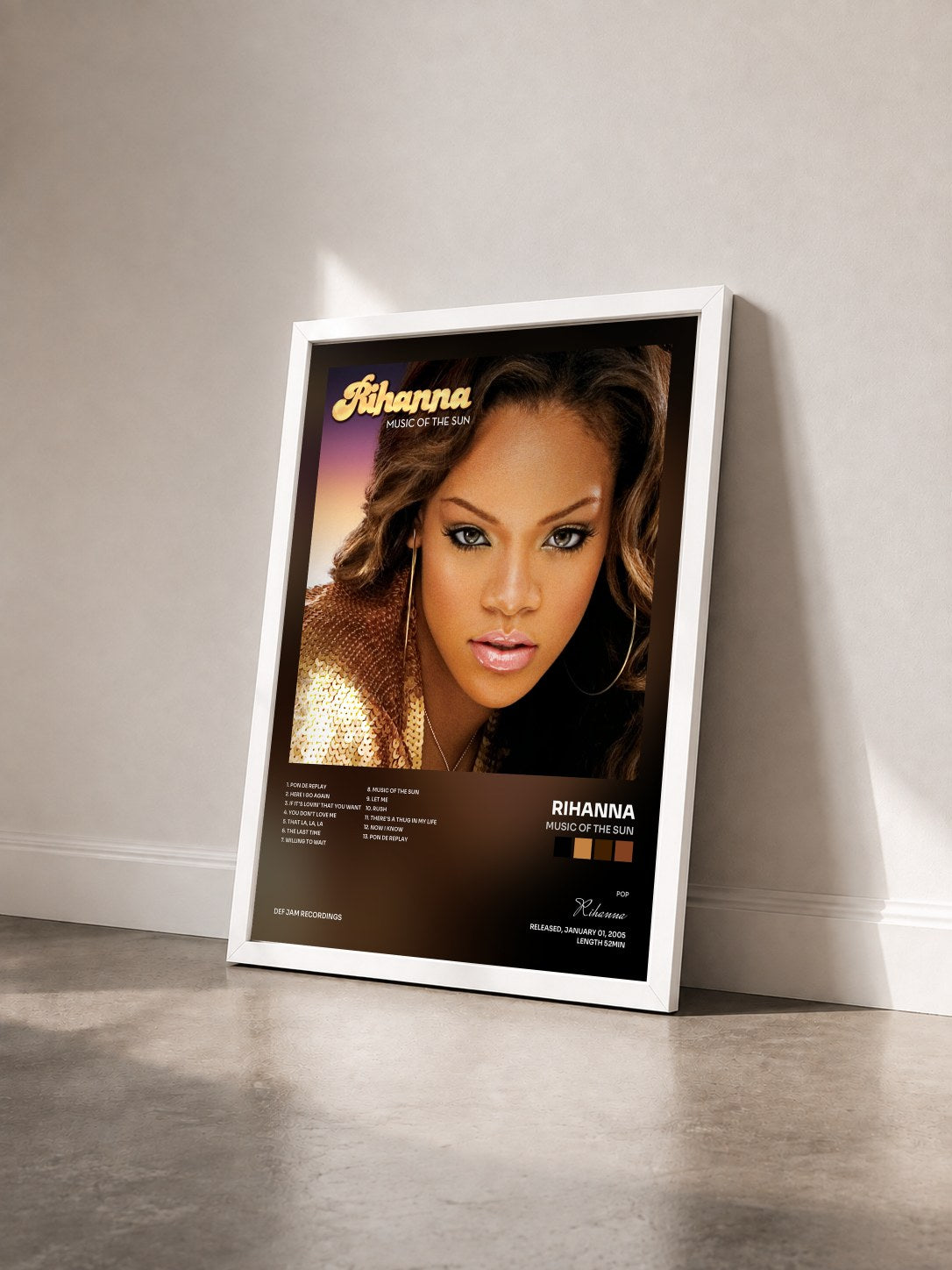 #blanc Music Of The Sun by Rihanna as a framed art print seen at an angle, white frame