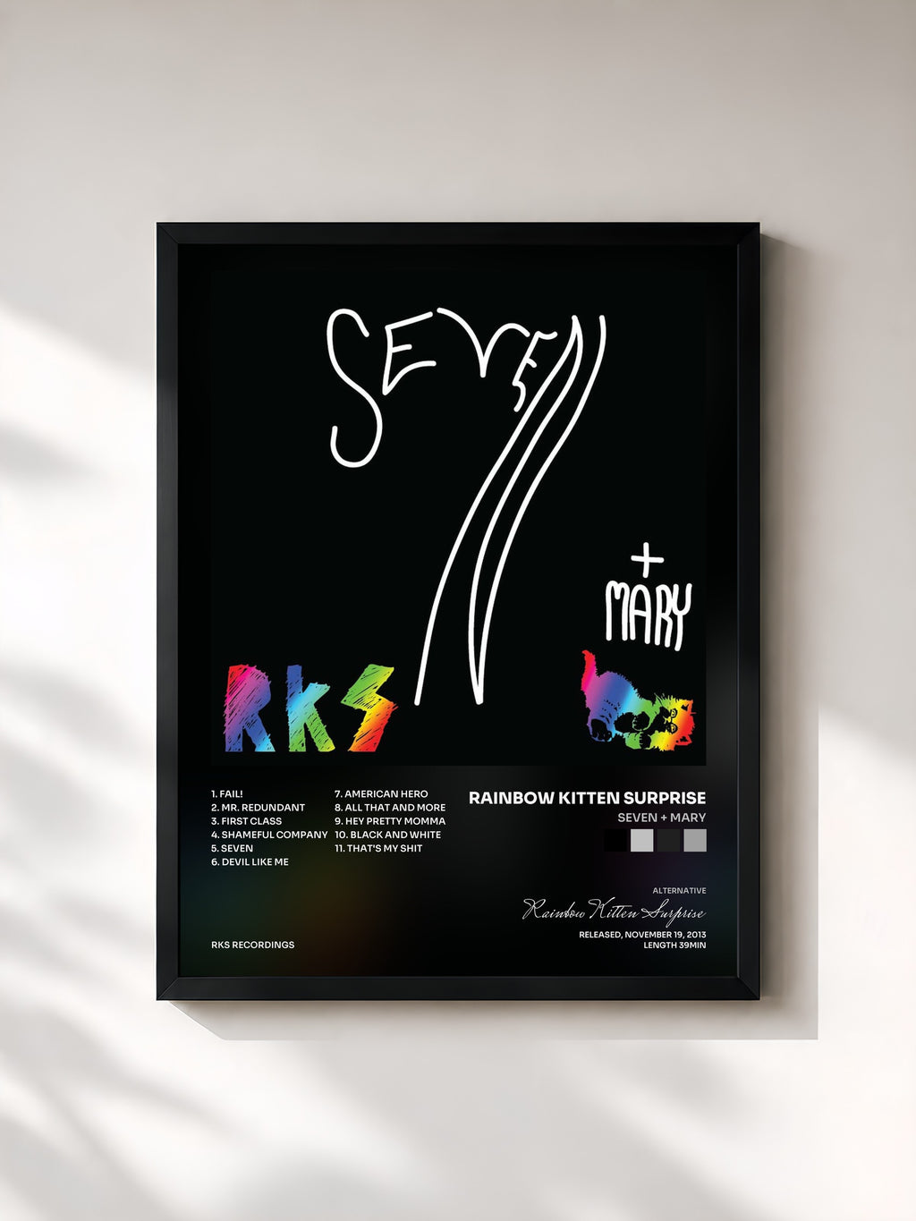 #noir Tableau de l'album Seven + Mary de Rainbow Kitten Surprise, cadre noir, imprimé et encadré en France