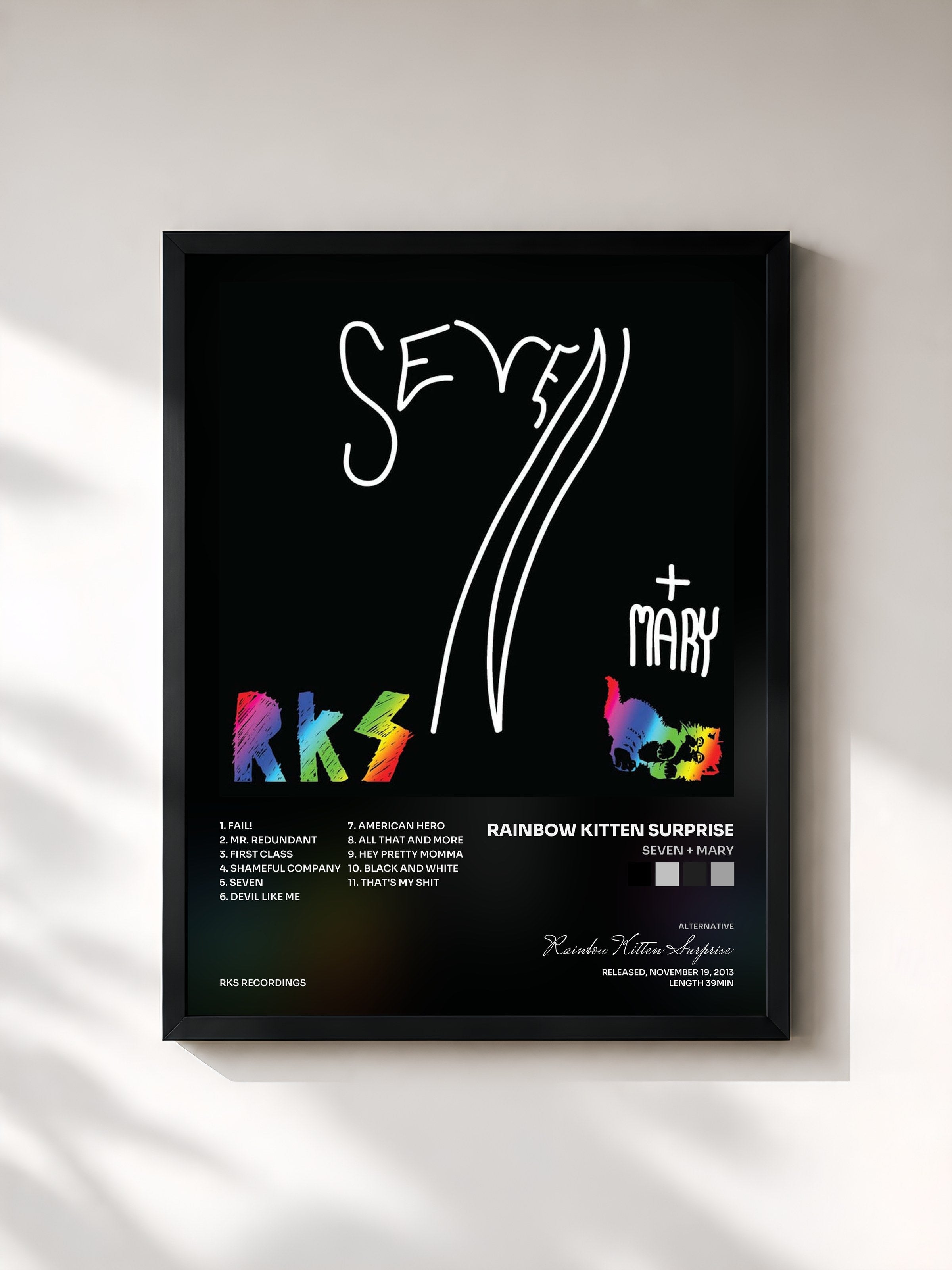 #noir Tableau de l'album Seven + Mary de Rainbow Kitten Surprise, cadre noir, imprimé et encadré en France
