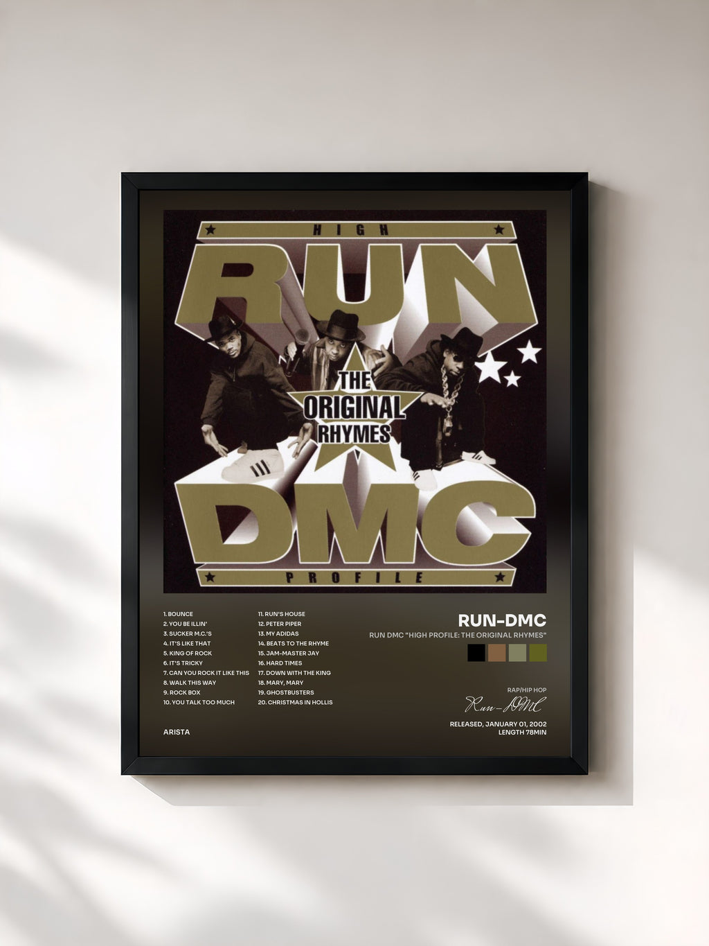 #noir Tableau de l'album RUN DMC "High Profile: The Original Rhymes" de Run-DMC, cadre noir, imprimé et encadré en France