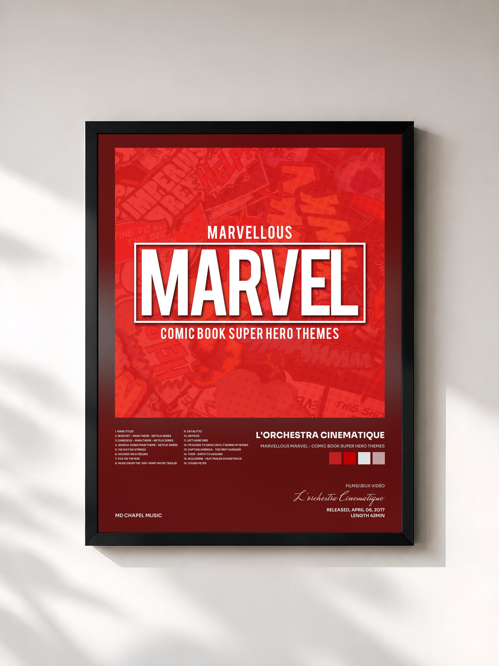 #noir Tableau de l'album Marvellous Marvel - Comic Book Super Hero Themes de L'orchestra Cinematique, cadre noir, imprimé et encadré en France