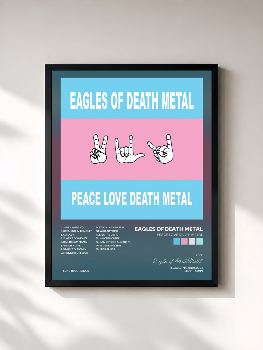 #noir Tableau de l'album Peace Love Death Metal de Eagles of Death Metal, cadre noir, imprimé et encadré en France