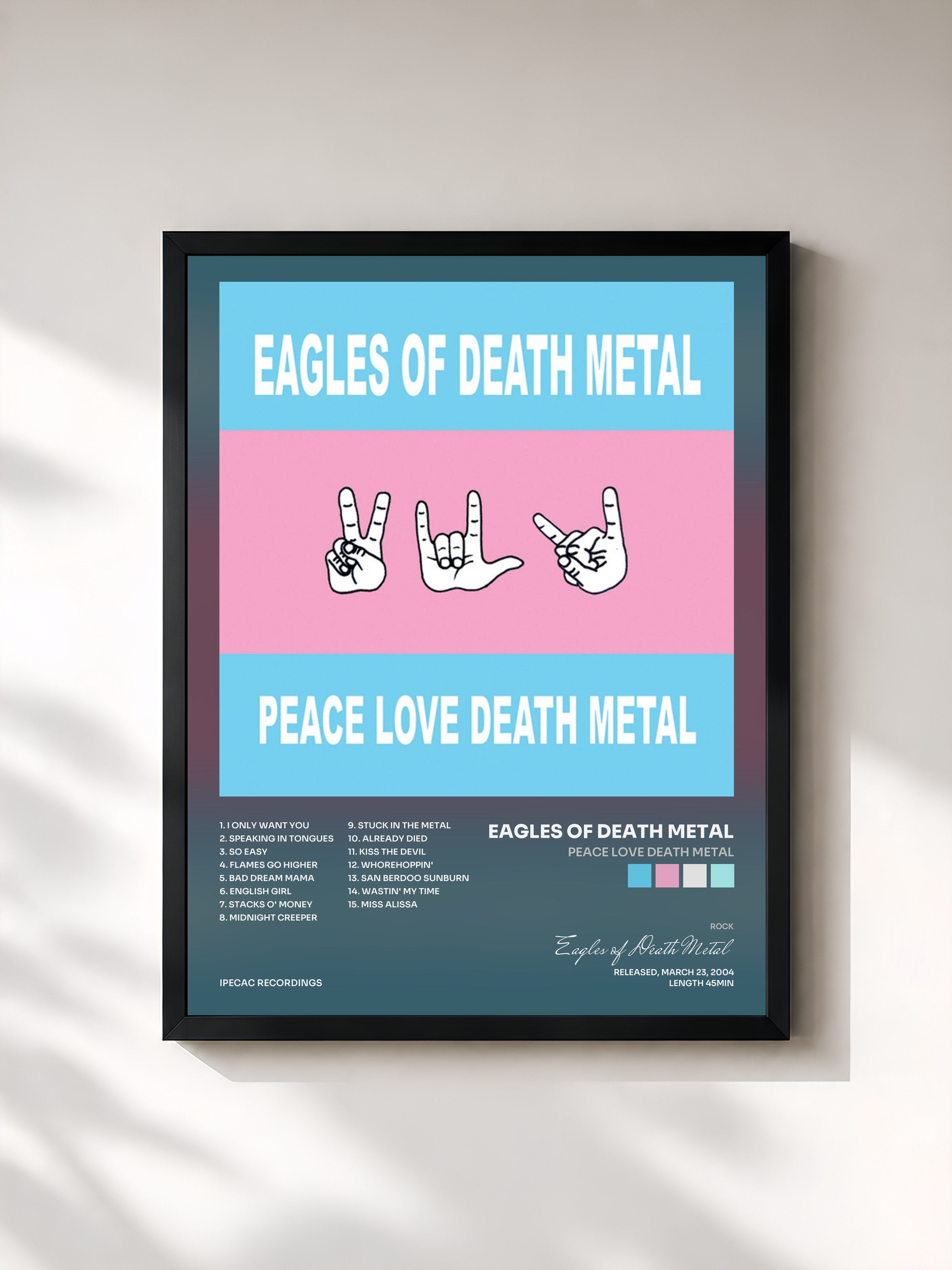 #noir Tableau de l'album Peace Love Death Metal de Eagles of Death Metal, cadre noir, imprimé et encadré en France