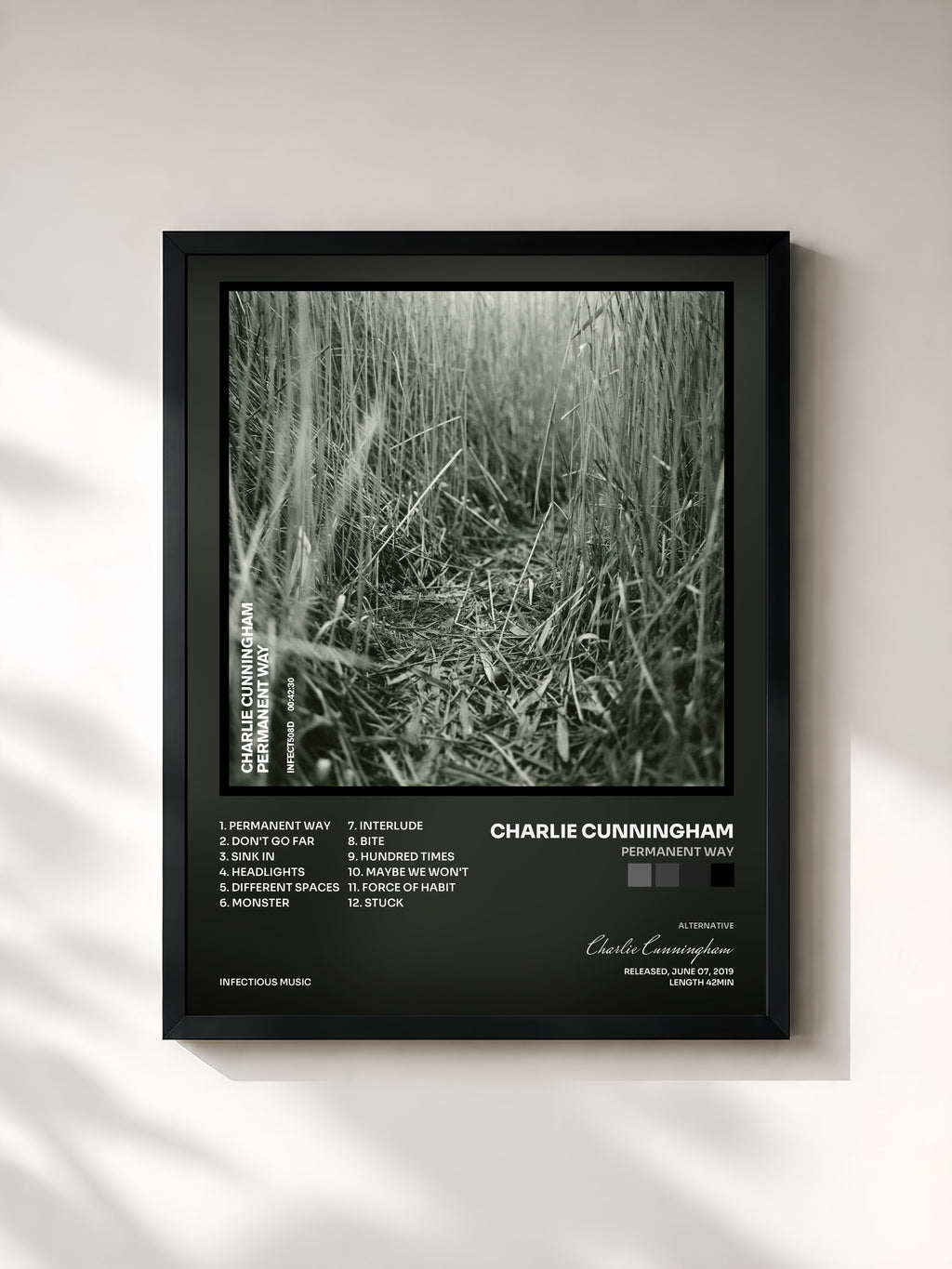#noir Tableau de l'album Permanent Way de Charlie Cunningham, cadre noir, imprimé et encadré en France