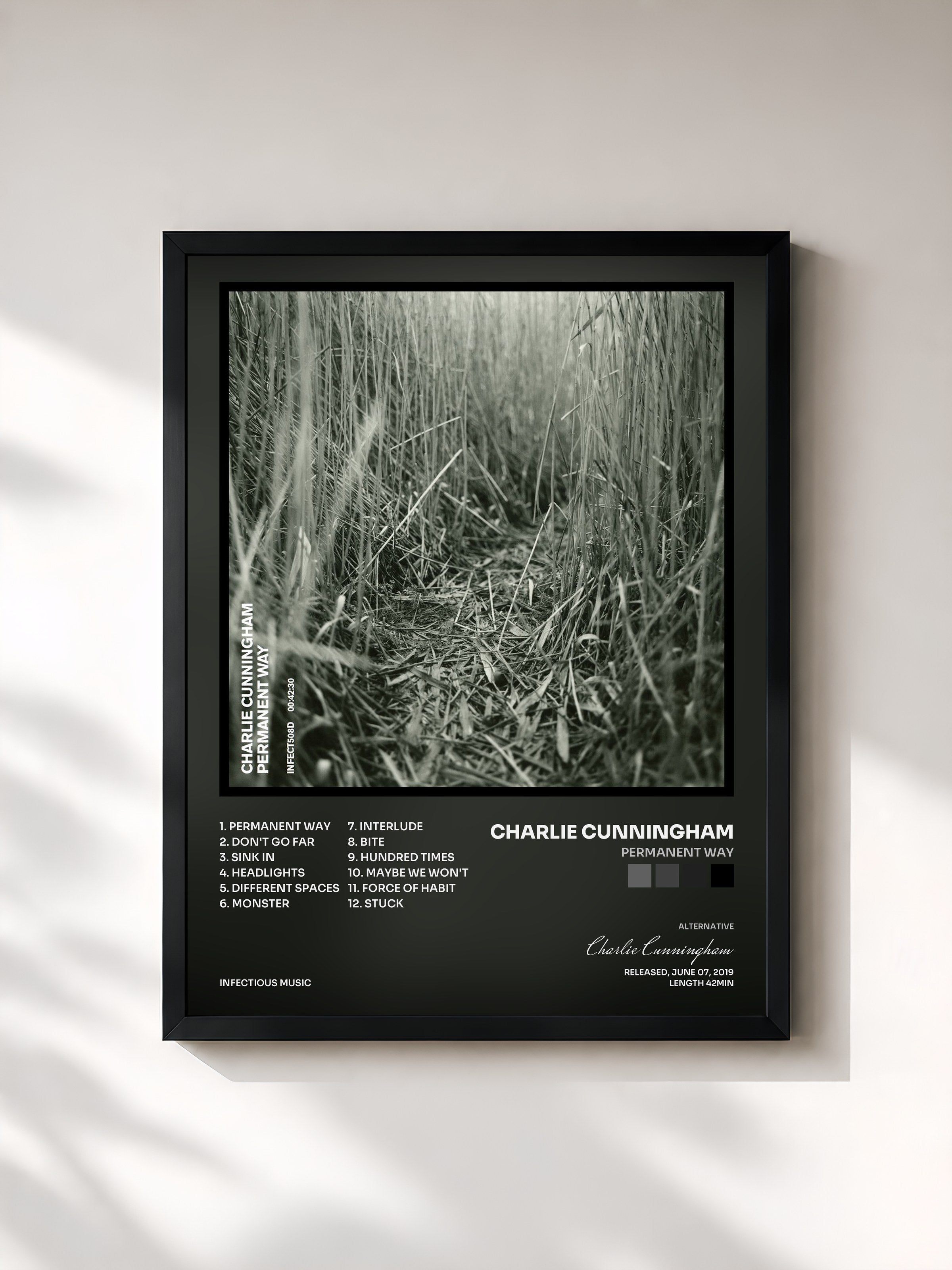 #noir Tableau de l'album Permanent Way de Charlie Cunningham, cadre noir, imprimé et encadré en France