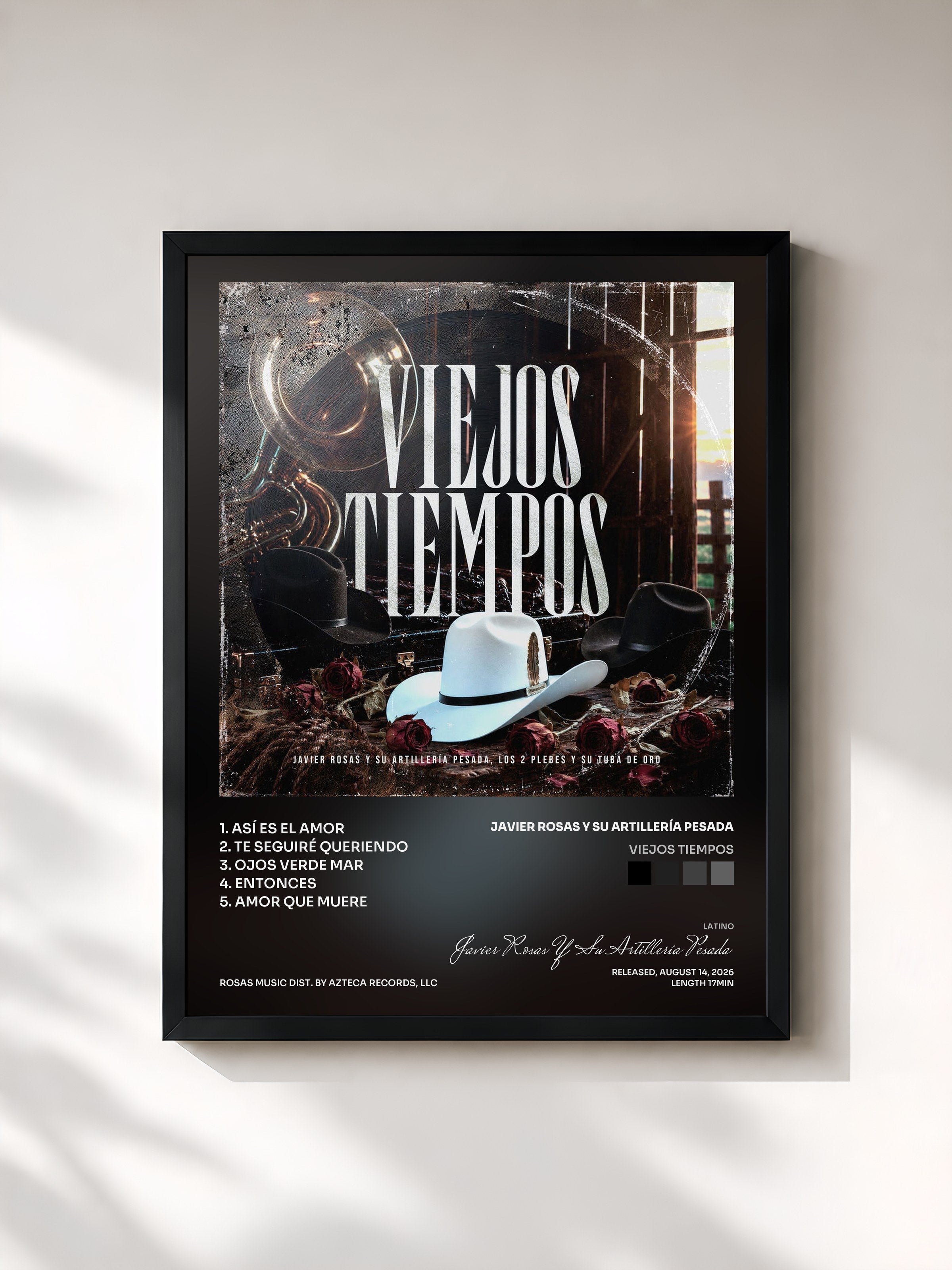 #noir Tableau de l'album Viejos Tiempos de Javier Rosas Y Su Artillería Pesada, cadre noir, imprimé et encadré en France