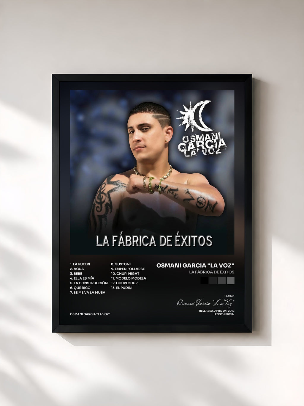 #noir Tableau de l'album La Fábrica de Éxitos de Osmani Garcia "La Voz", cadre noir, imprimé et encadré en France