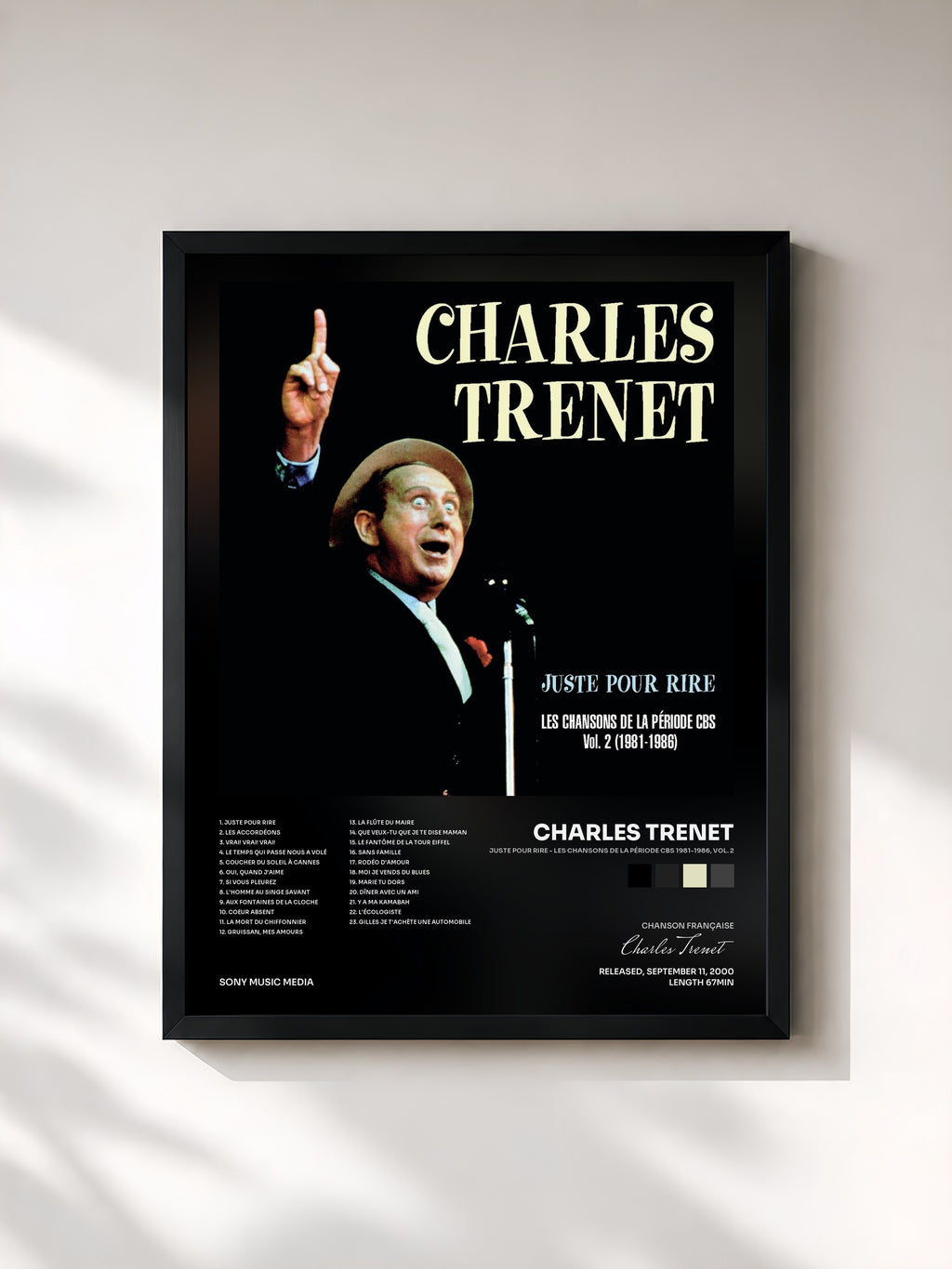 #noir Tableau de l'album Juste pour rire - Les chansons de la période CBS 1981-1986, Vol. 2 de Charles Trenet, cadre noir, imprimé et encadré en France