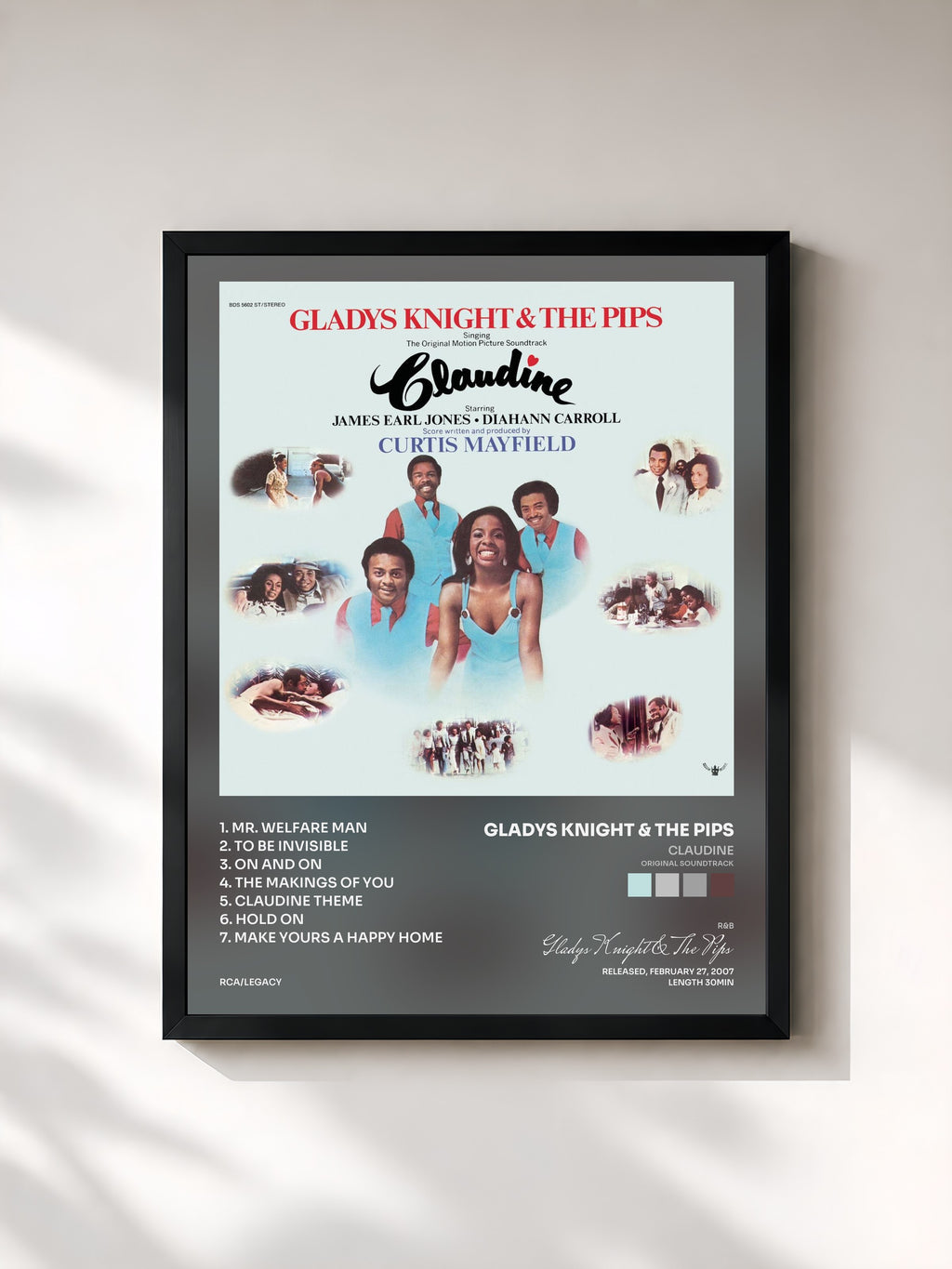 #noir Tableau de l'album Claudine (Original Soundtrack) de Gladys Knight & The Pips, cadre noir, imprimé et encadré en France
