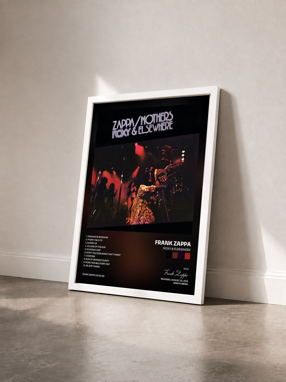 #blanc Tableau de l'album Roxy & Elsewhere de Frank Zappa vu de trois quarts, cadre blanc