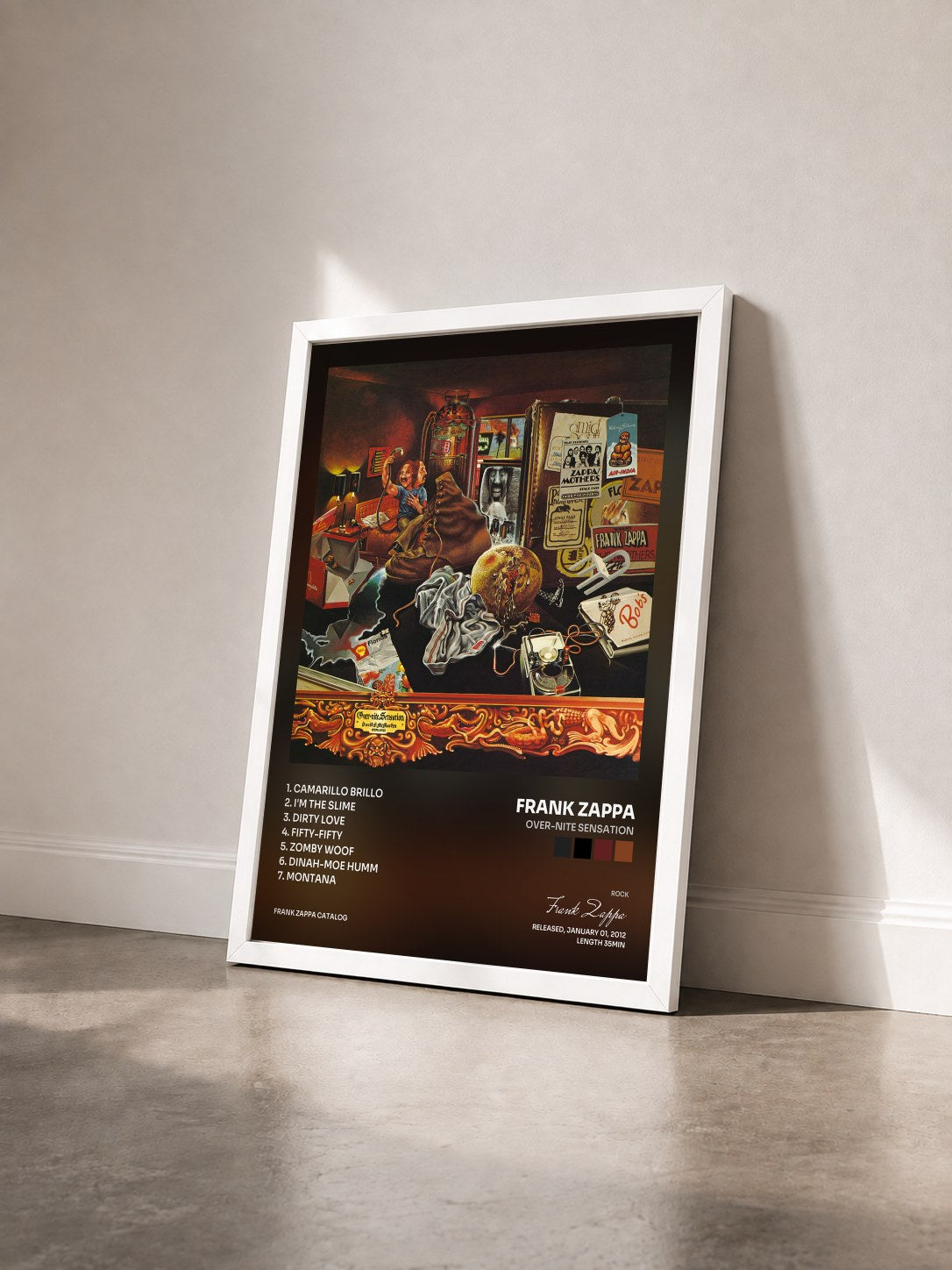 #blanc Tableau de l'album Over-Nite Sensation de Frank Zappa vu de trois quarts, cadre blanc