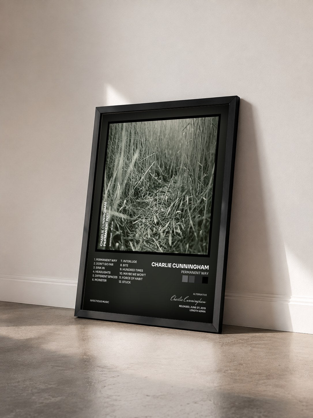 #noir Tableau de l'album Permanent Way de Charlie Cunningham vu de trois quarts, cadre noir