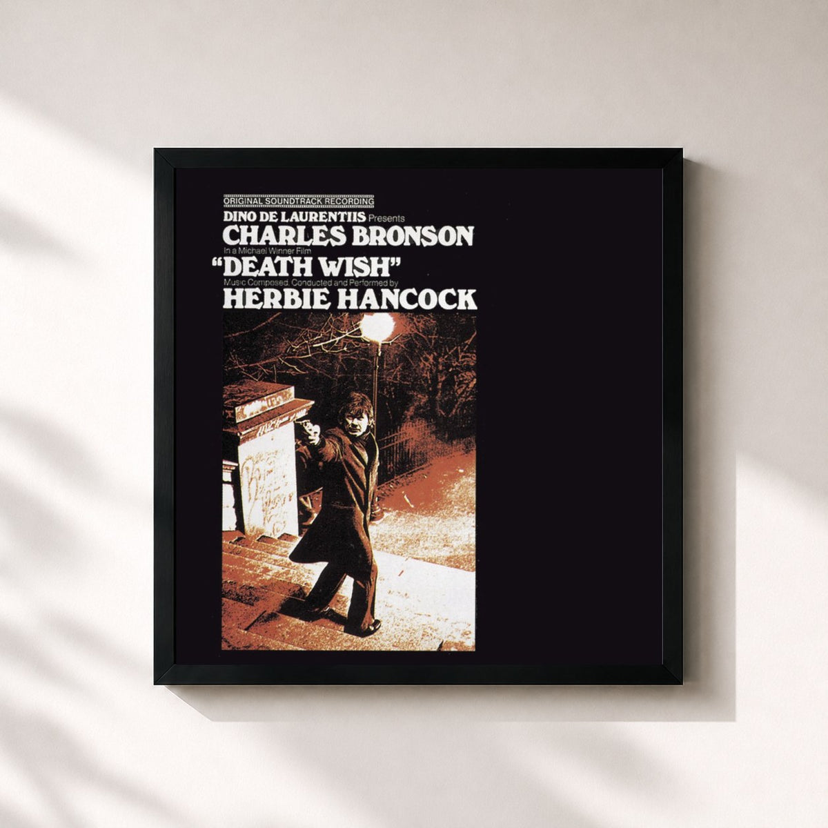 #noir Tableau carré de l'album Death Wish: Original Soundtrack Album de Herbie Hancock, cadre noir 32x32 cm