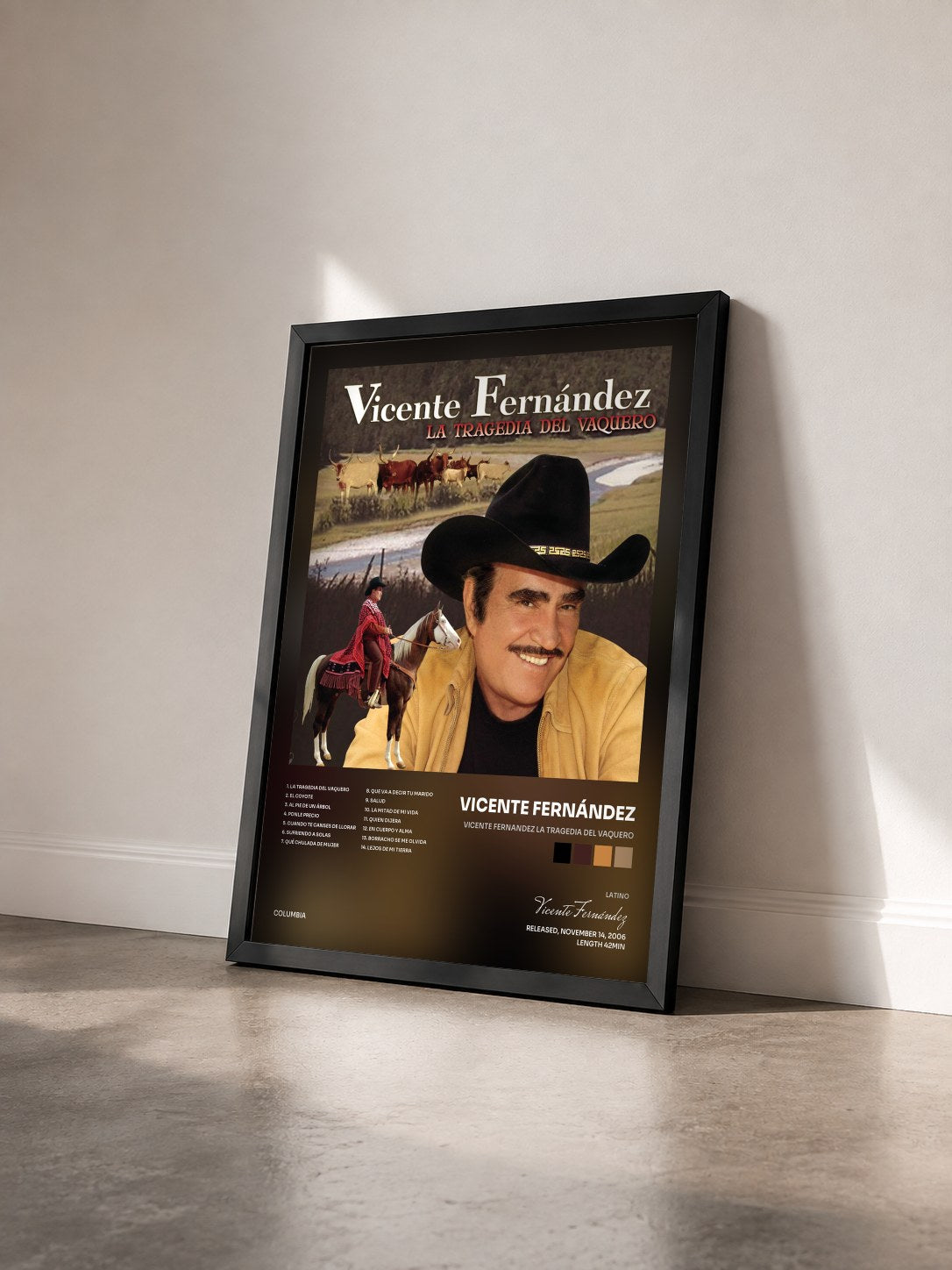 #noir Tableau de l'album Vicente Fernandez La Tragedia del Vaquero de Vicente Fernández vu de trois quarts, cadre noir