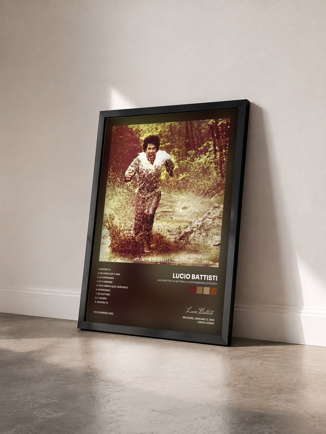 #noir Tableau de l'album Lucio Battisti, la batteria, il contrabbasso, eccetera de Lucio Battisti vu de trois quarts, cadre noir