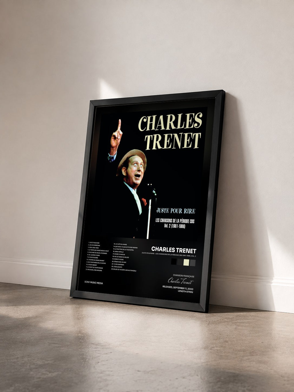 #noir Tableau de l'album Juste pour rire - Les chansons de la période CBS 1981-1986, Vol. 2 de Charles Trenet vu de trois quarts, cadre noir