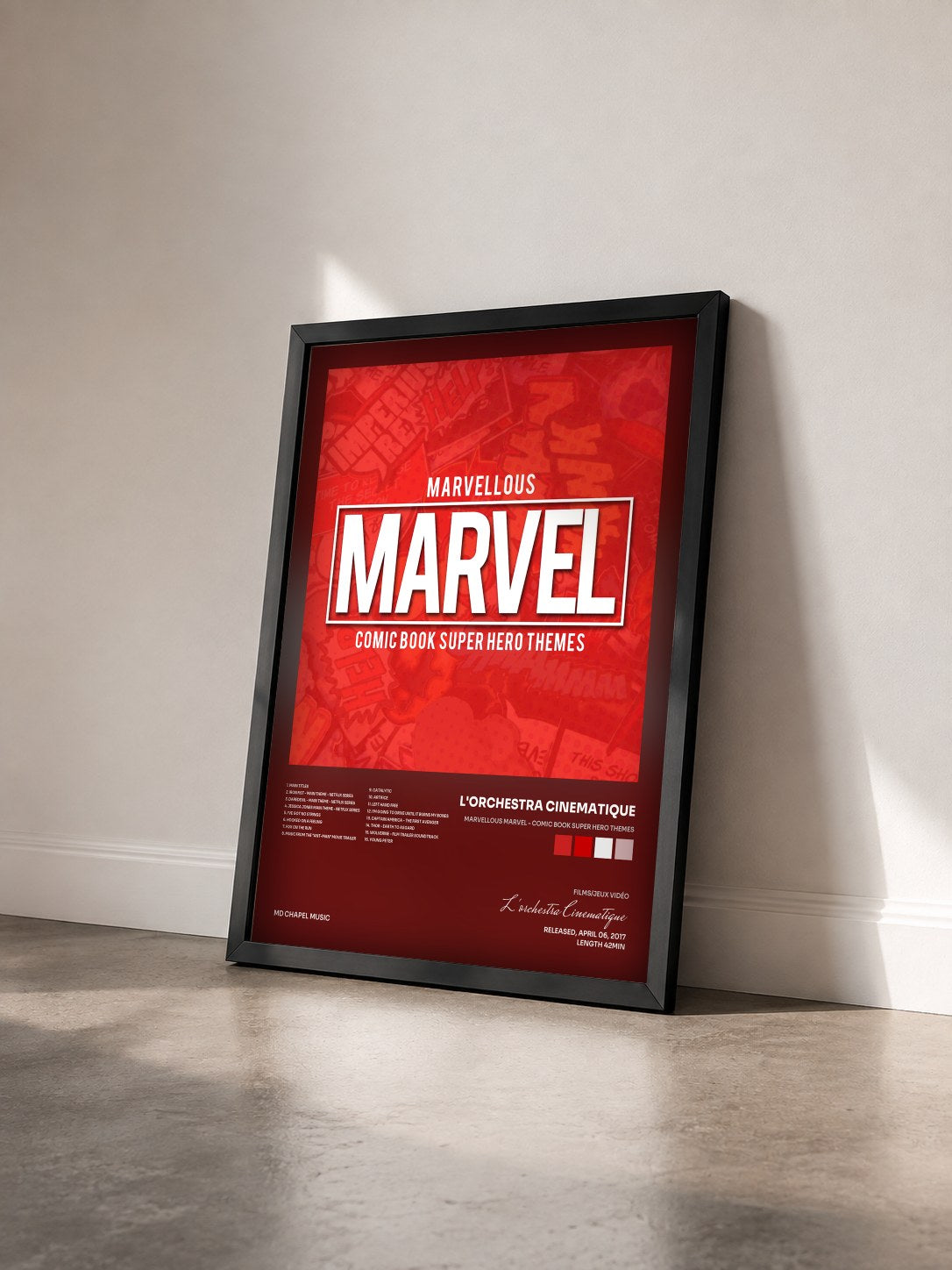 #noir Tableau de l'album Marvellous Marvel - Comic Book Super Hero Themes de L'orchestra Cinematique vu de trois quarts, cadre noir