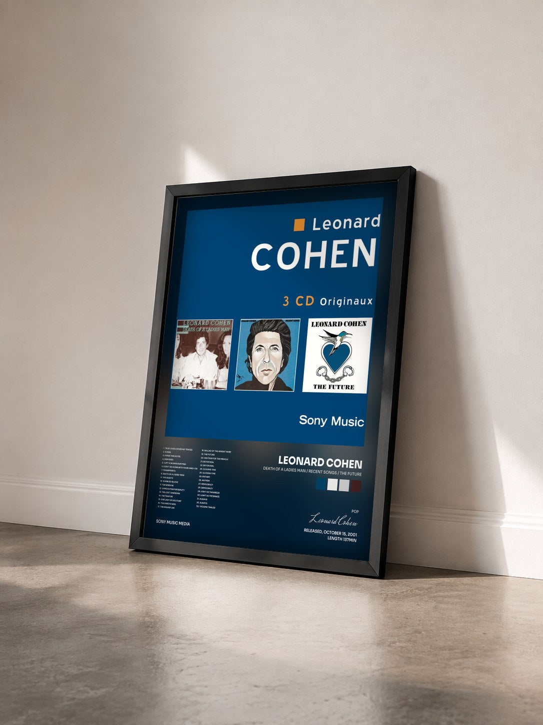 #noir Tableau de l'album Death of a ladies man / Recent songs / The future de Leonard Cohen vu de trois quarts, cadre noir