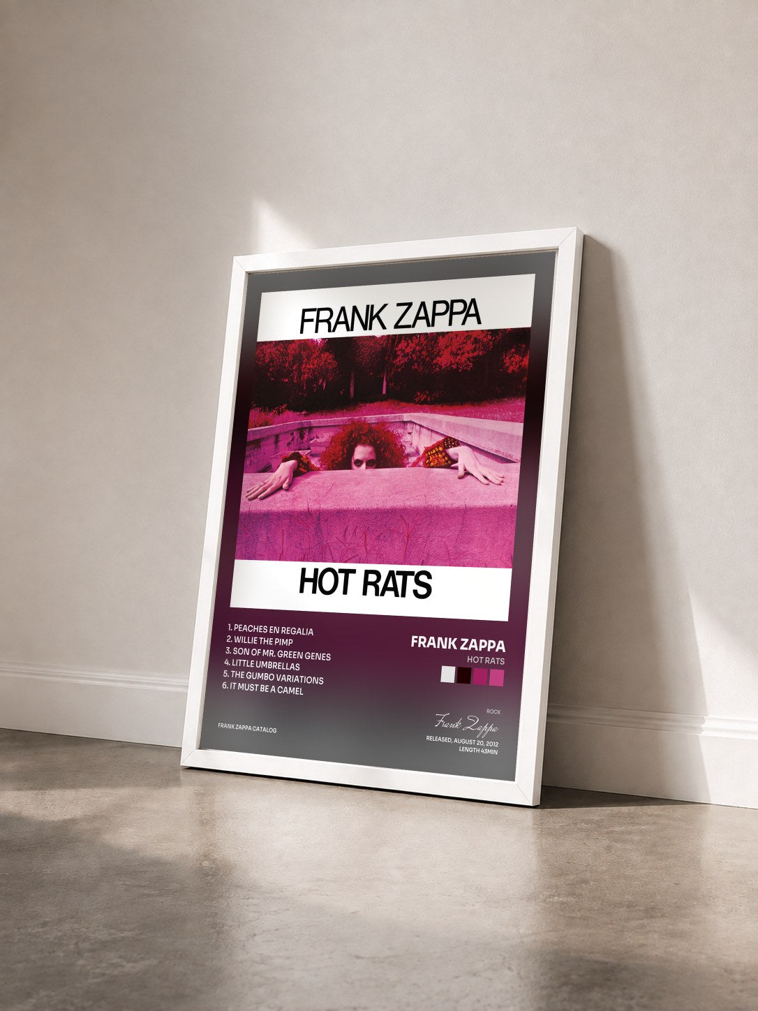 #blanc Tableau de l'album Hot Rats de Frank Zappa vu de trois quarts, cadre blanc