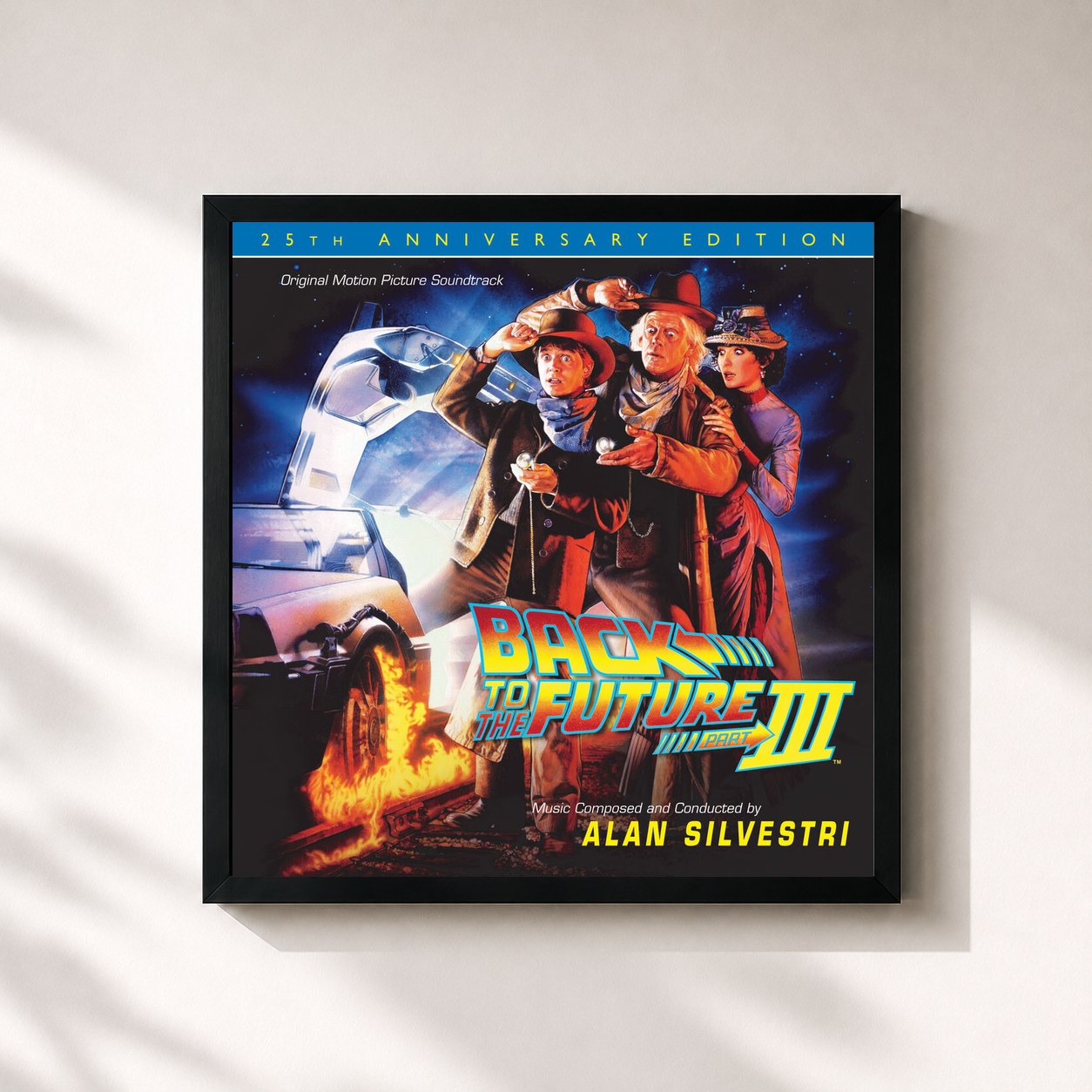 #noir Tableau carré de l'album Back To The Future Part III: 25th Anniversary Edition (Original Motion Picture Soundtrack) de Alan Silvestri, cadre noir 32x32 cm