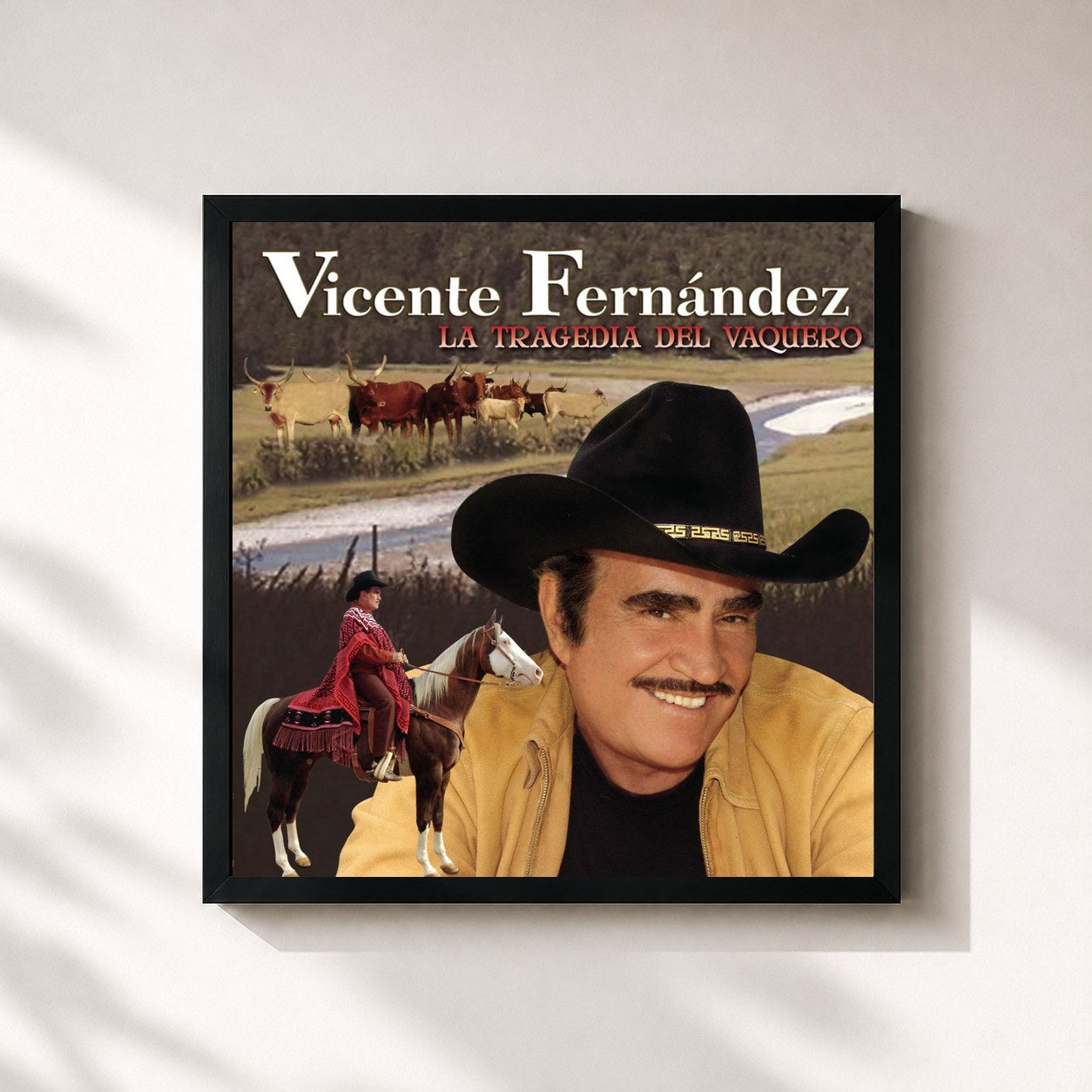 #noir Tableau carré de l'album Vicente Fernandez La Tragedia del Vaquero de Vicente Fernández, cadre noir 32x32 cm