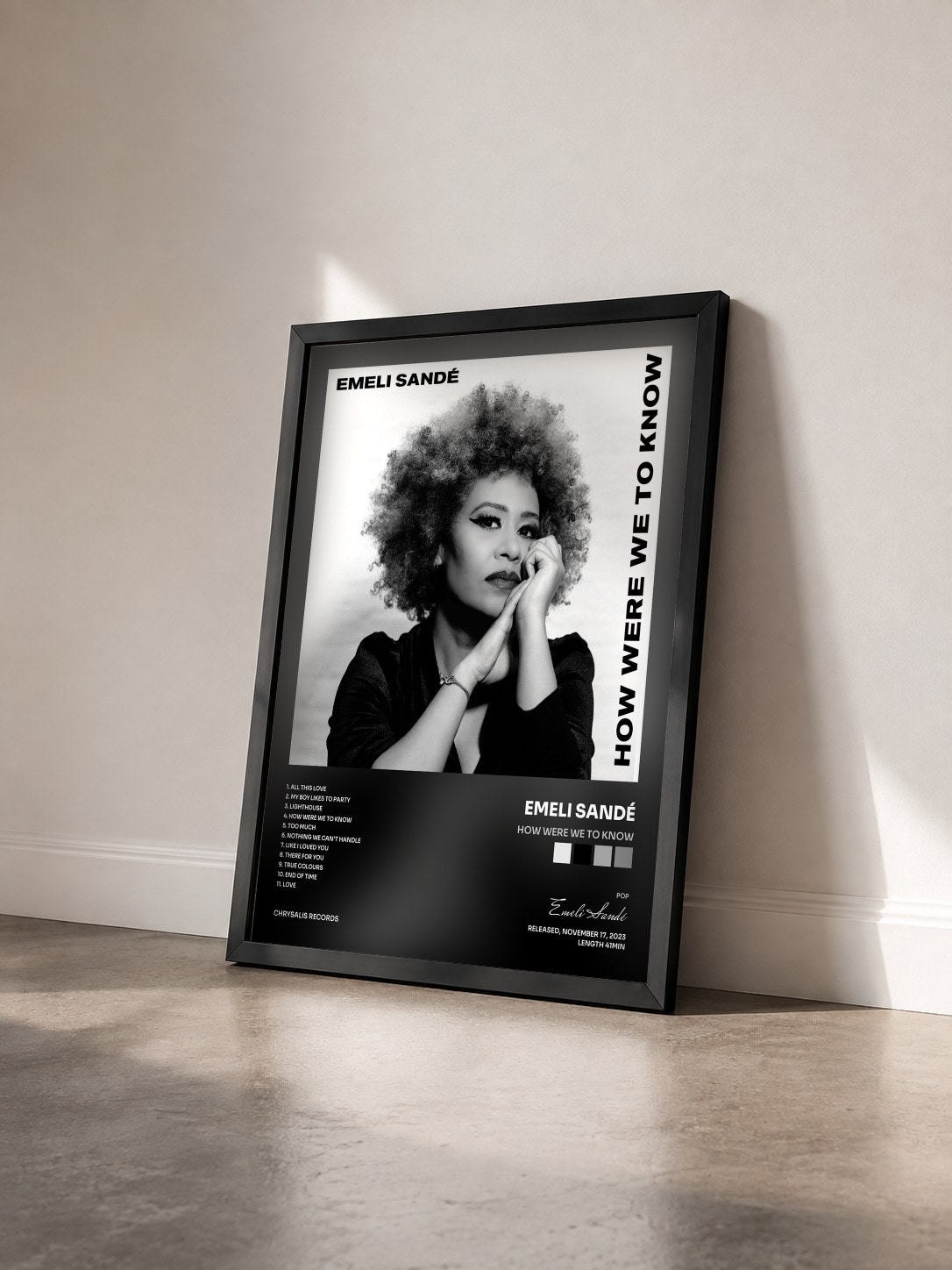#noir How Were We To Know by Emeli Sandé as a framed art print seen at an angle, black frame